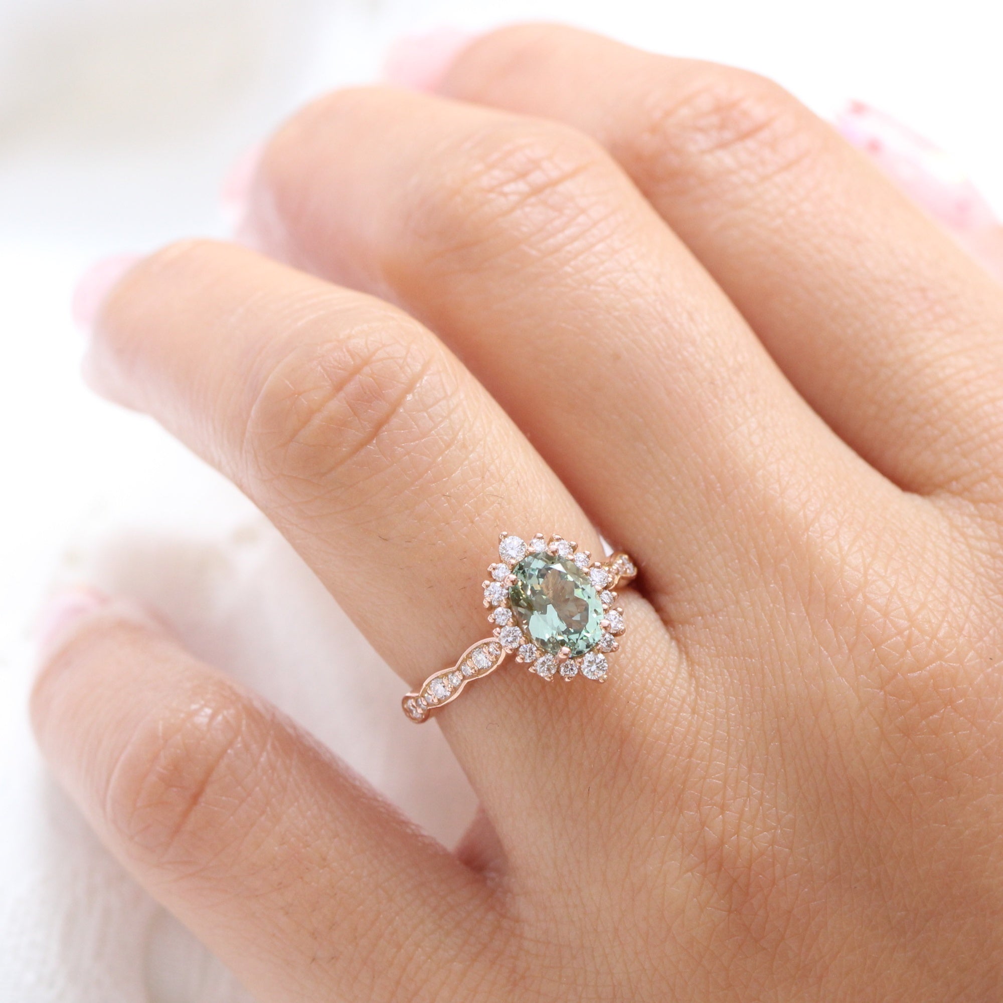Oval green sapphire engagement ring rose gold halo diamond ring la more design jewelry
