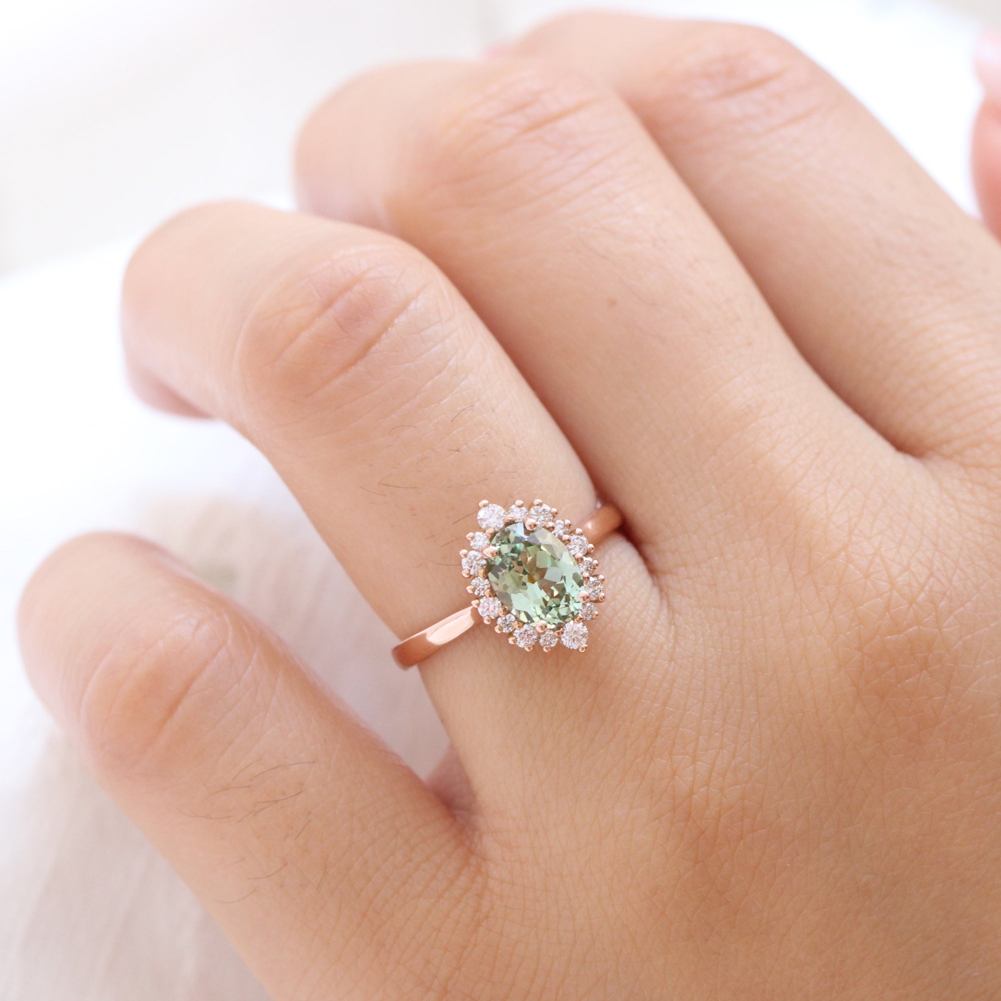 Oval green sapphire ring rose gold halo diamond ring la more design jewelry