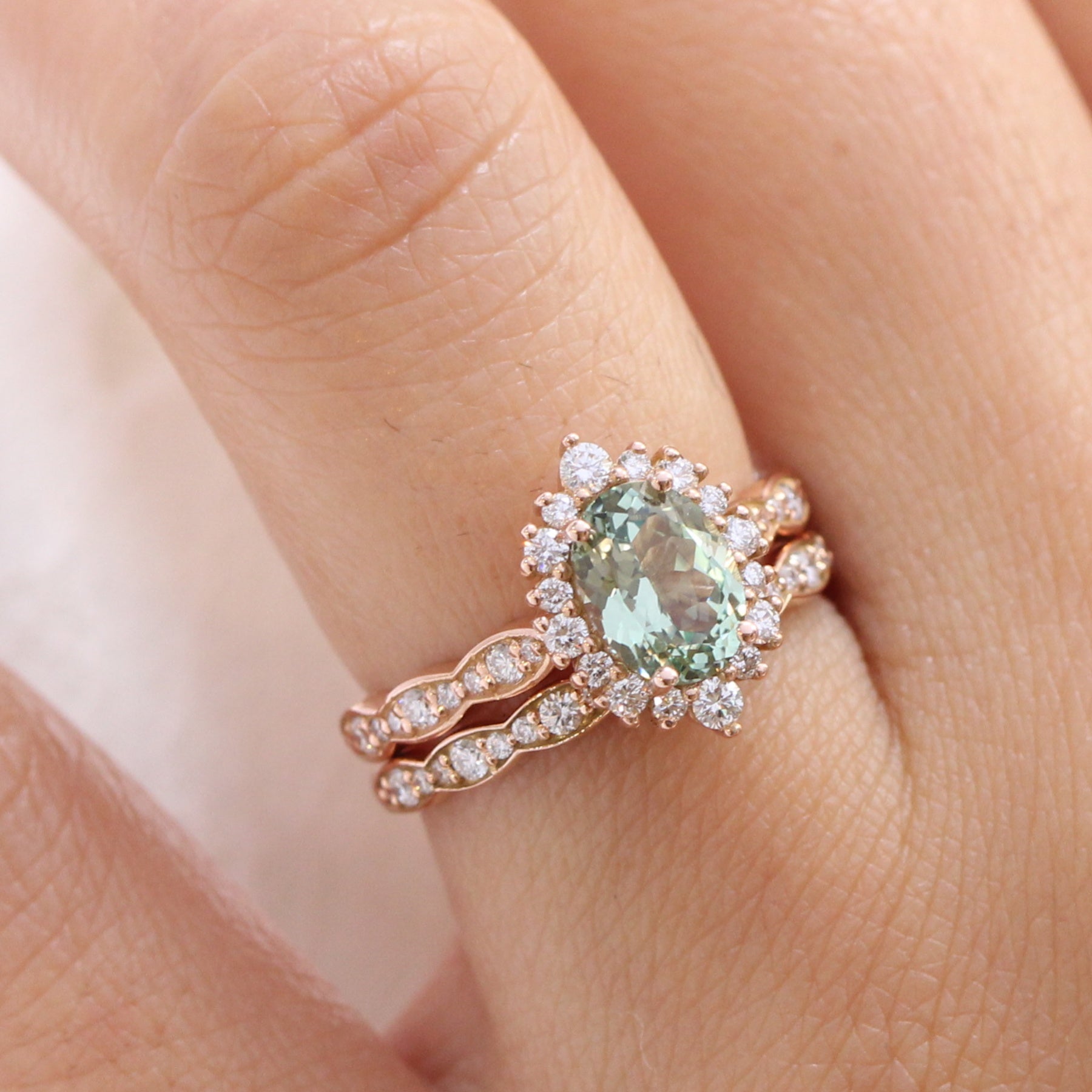 Oval Green Sapphire Ring Stack Rose Gold Halo Diamond Wedding Band
