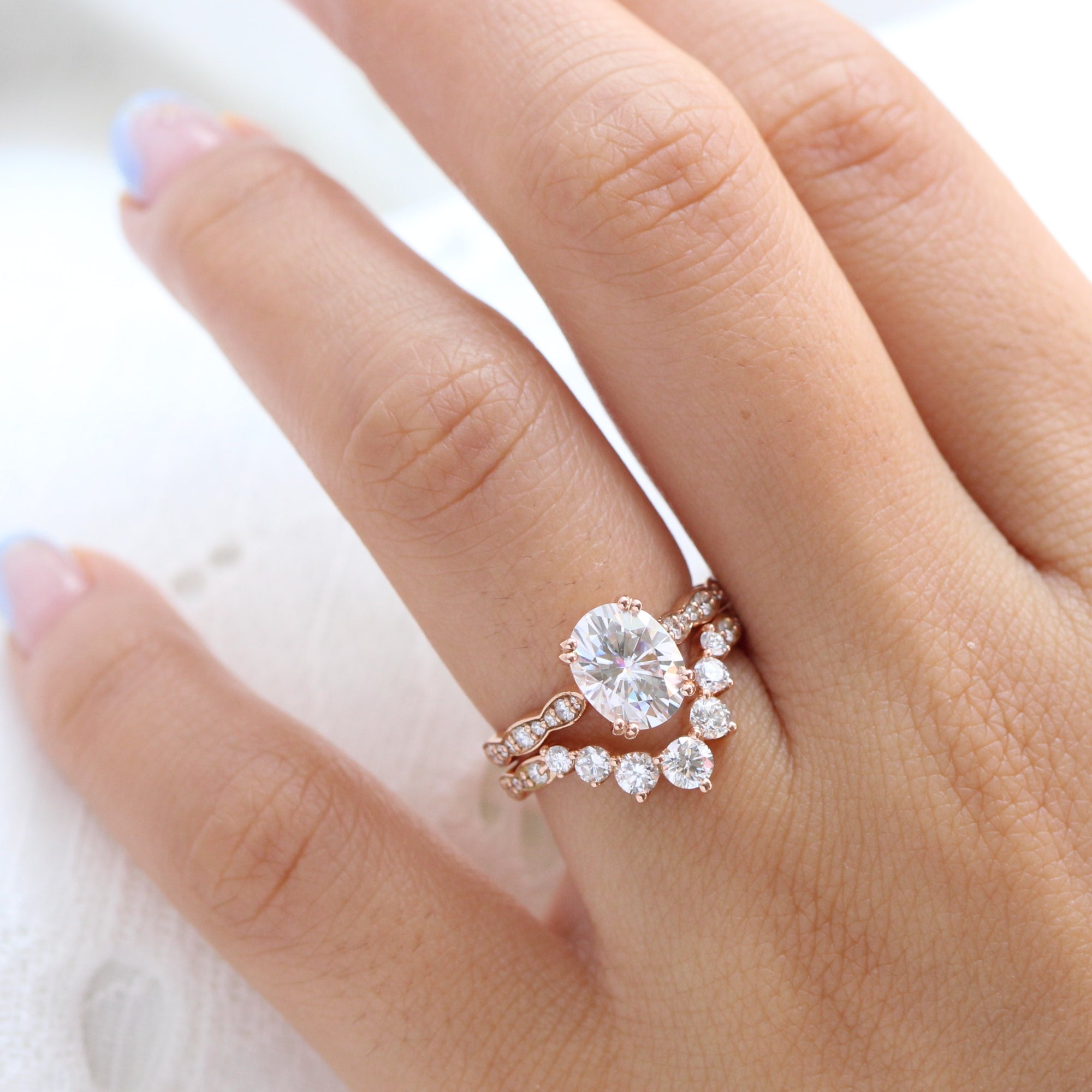 Oval Moissanite Solitaire Ring Rose Gold U Shaped Diamond Ring Set