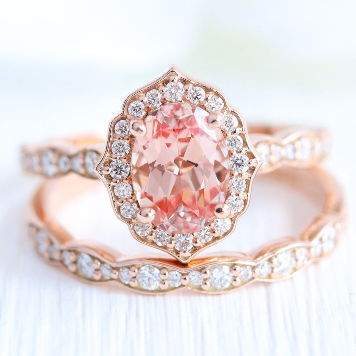 Vintage Floral Oval Ring Bridal Set w/ Champagne Peach Sapphire and Diamond