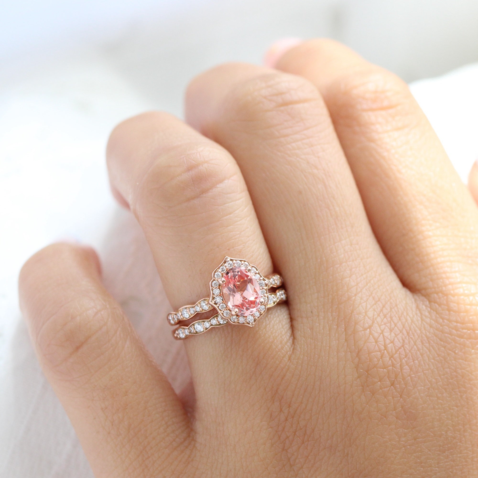 Oval Peach Sapphire Ring and Matching Diamond Wedding Band Bridal Set
