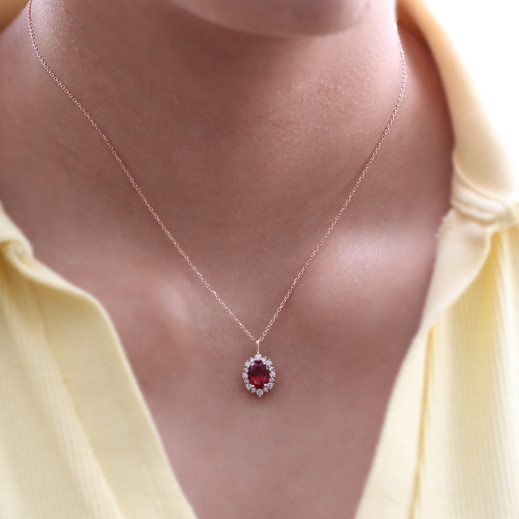 Oval Ruby Necklace Rose Gold Halo Diamond Pendant July Birthstone