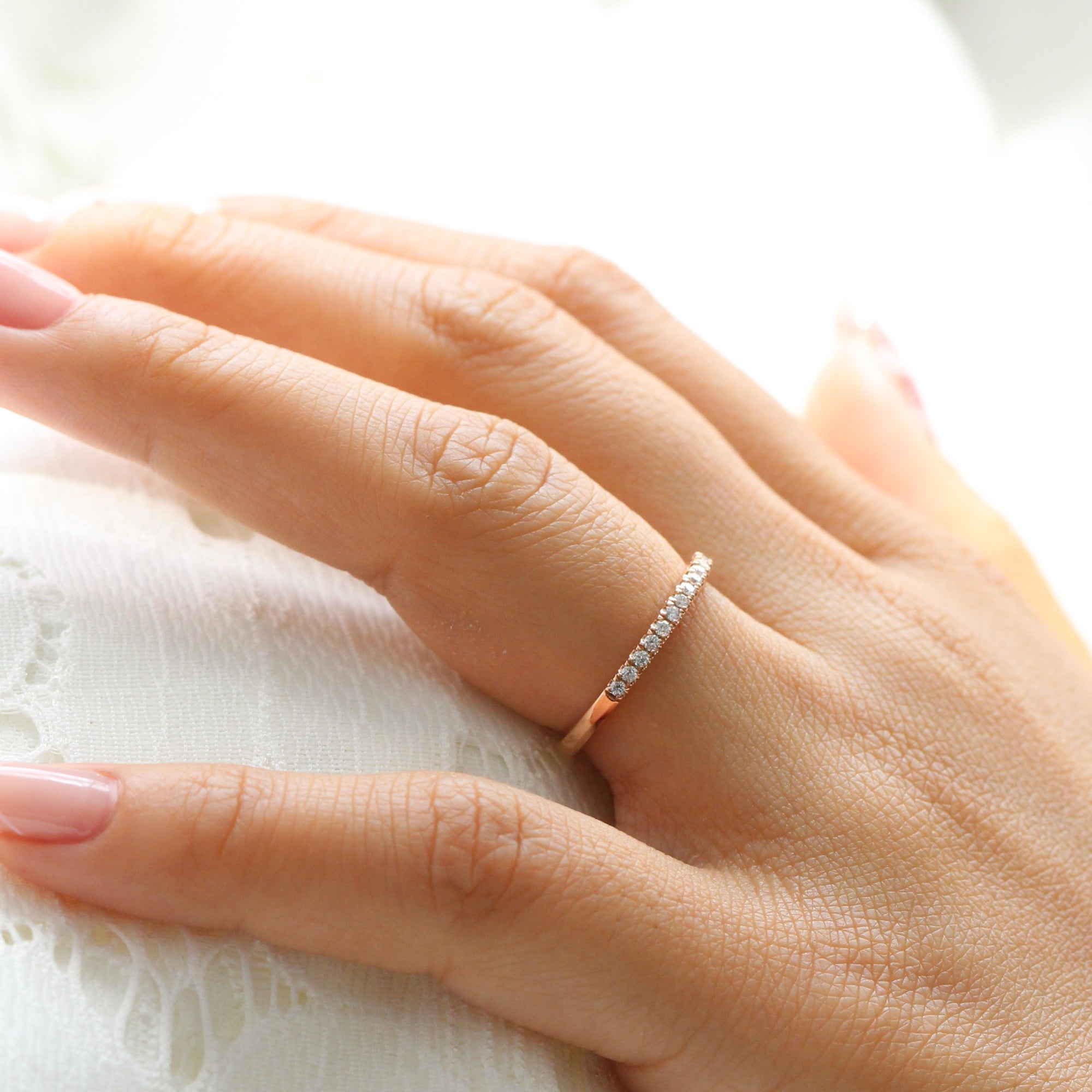 Pave Diamond Wedding Band Rose Gold Half Eternity Ring for Her