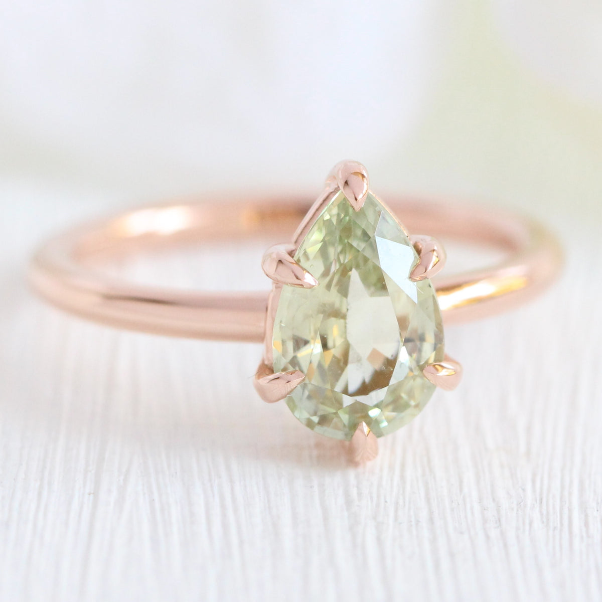 Pear Sea-foam green sapphire engagement ring rose gold low profile solitaire ring la more design jewelry