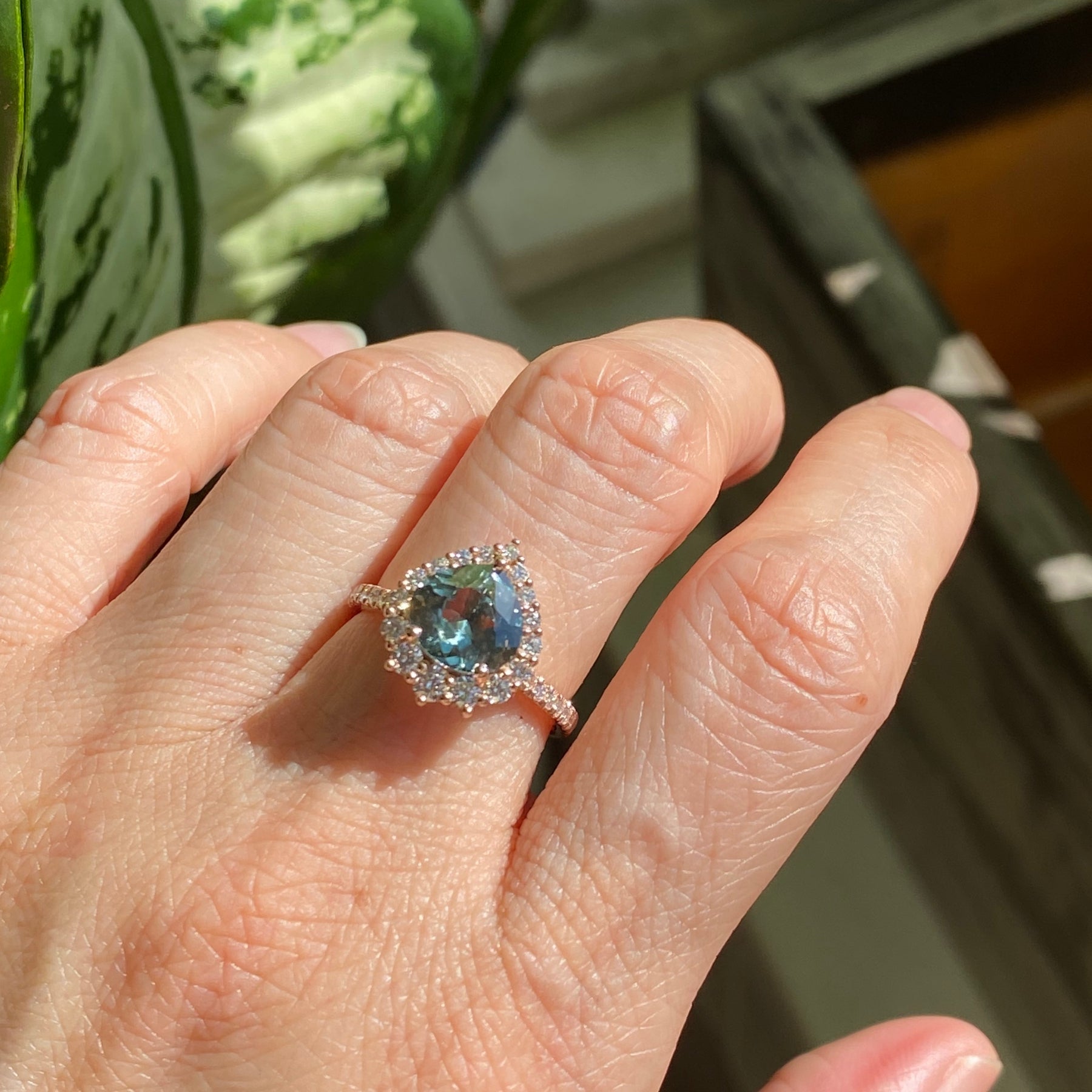 Pear Teal Green Sapphire Engagement Ring Rose Gold Halo Diamond