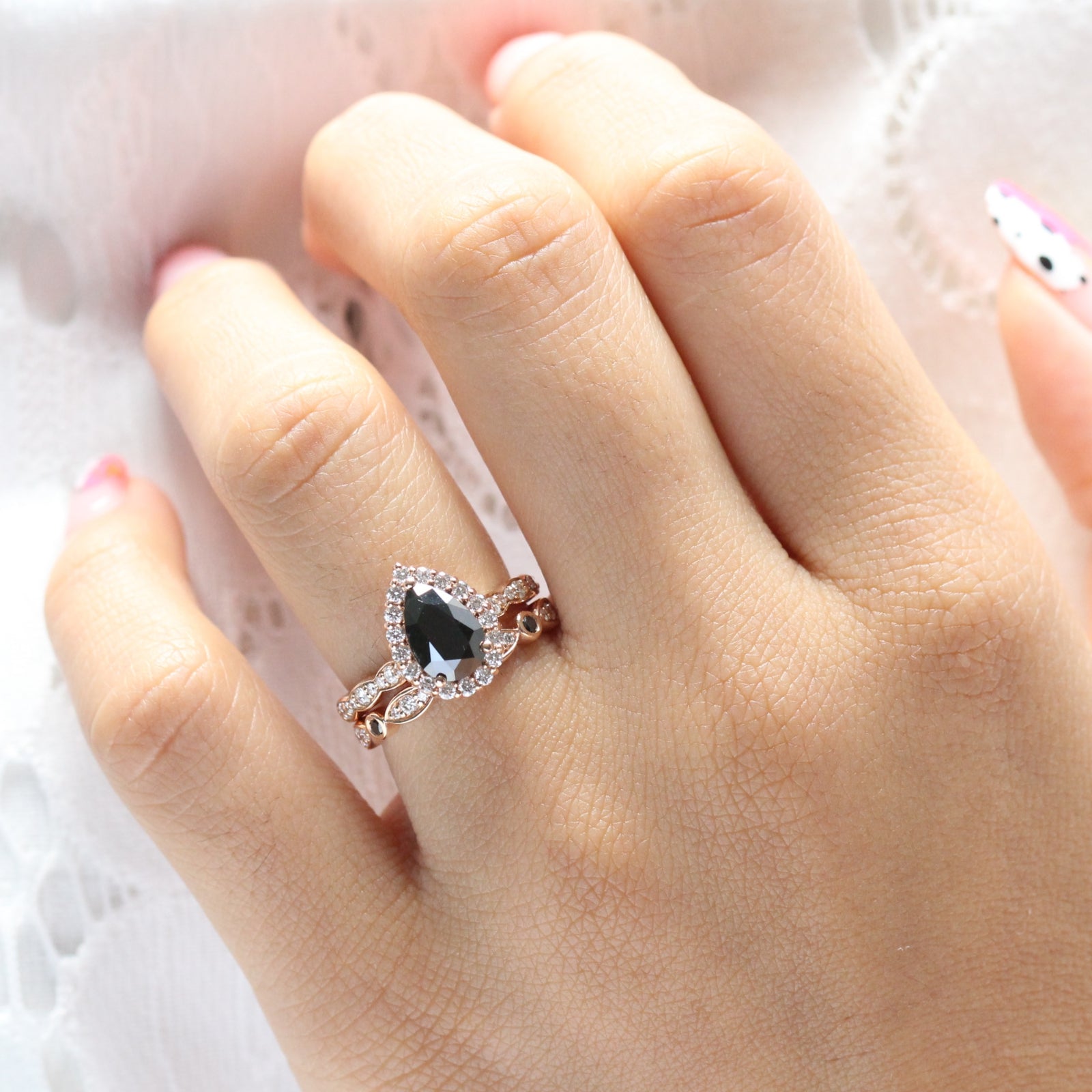 Pear black diamond engagement ring bridal set rose gold halo diamond band by la more design jewelry