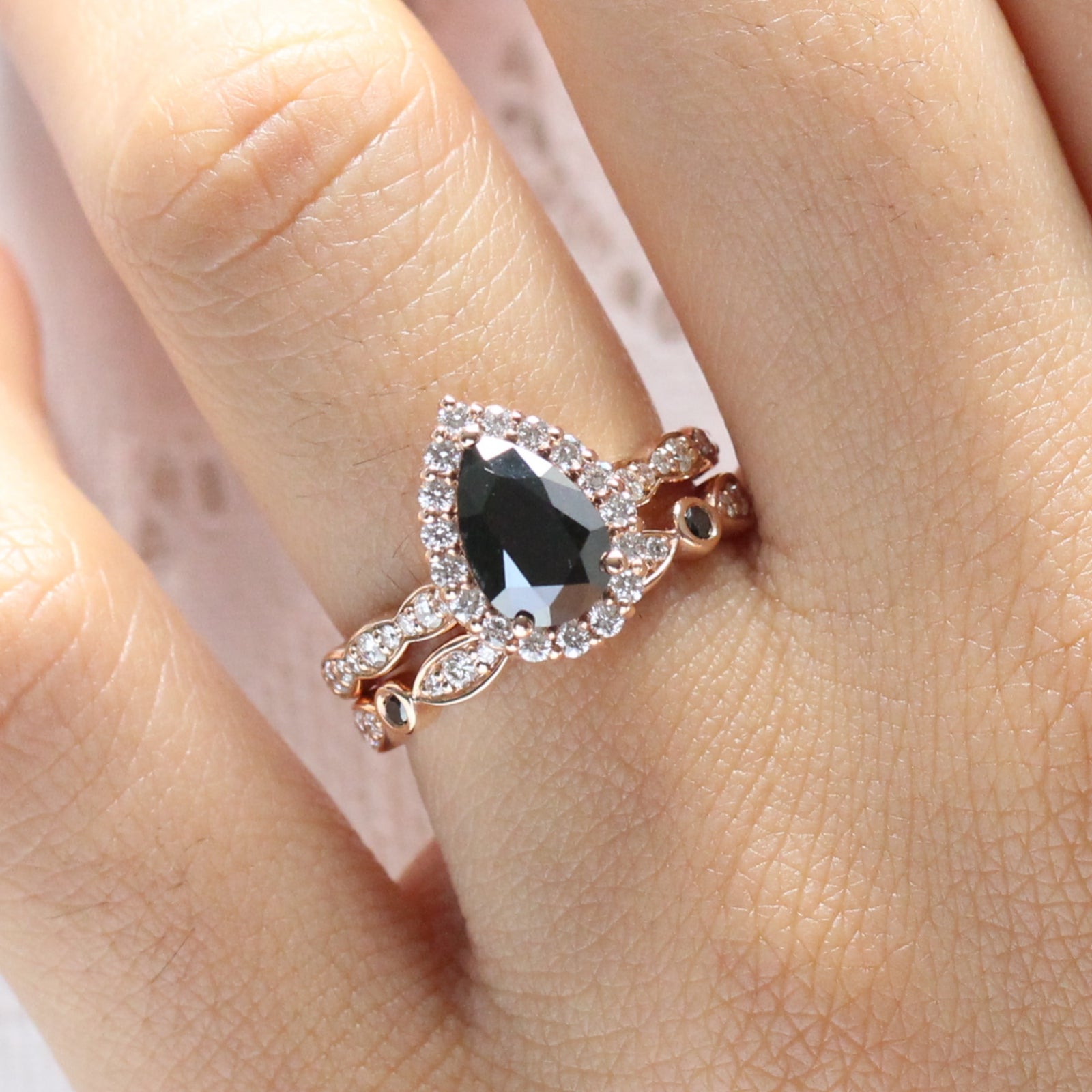 Pear black diamond engagement ring bridal set rose gold halo diamond band by la more design jewelry