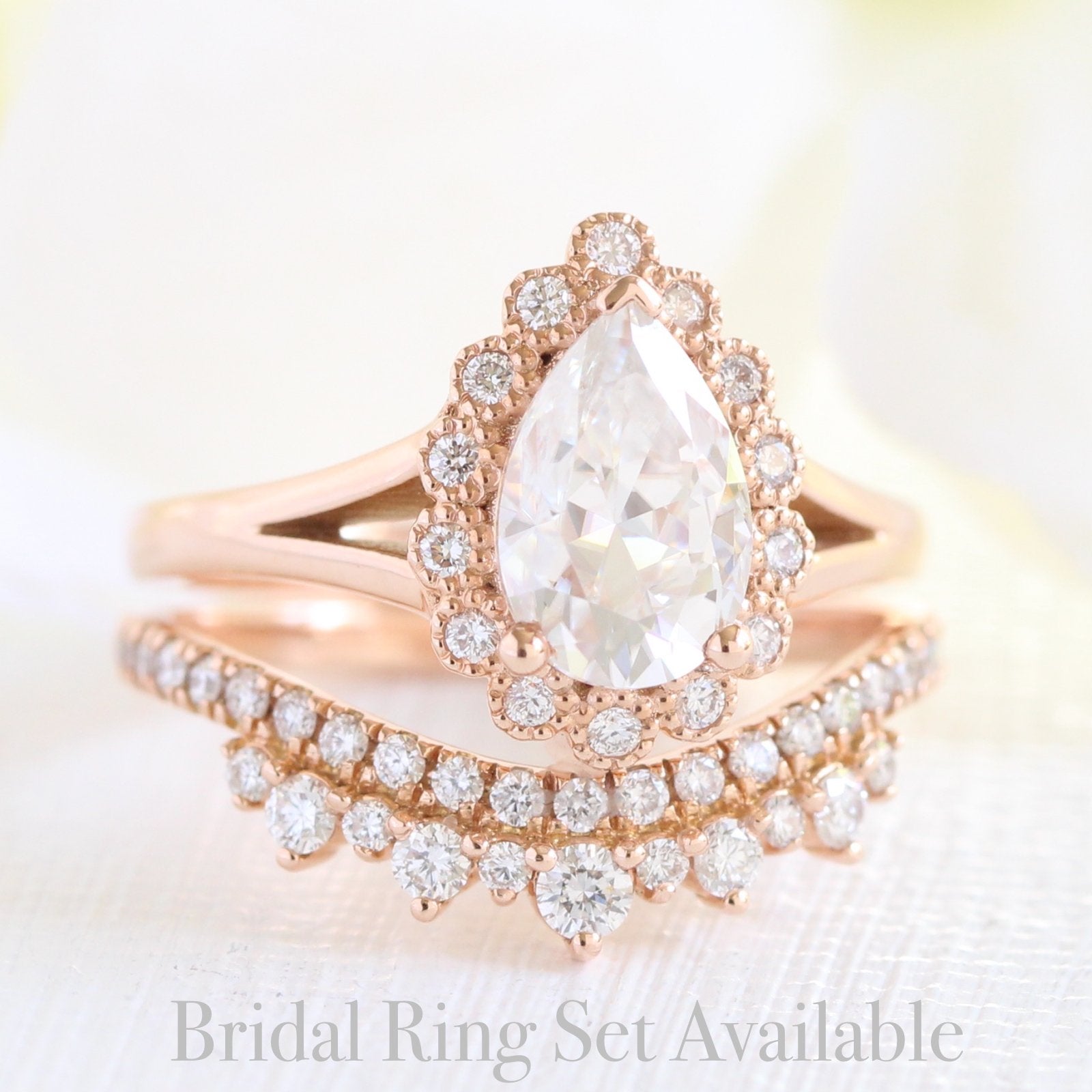 Pear moissanite ring bridal set in rose gold vintage inspired diamond band by la more design