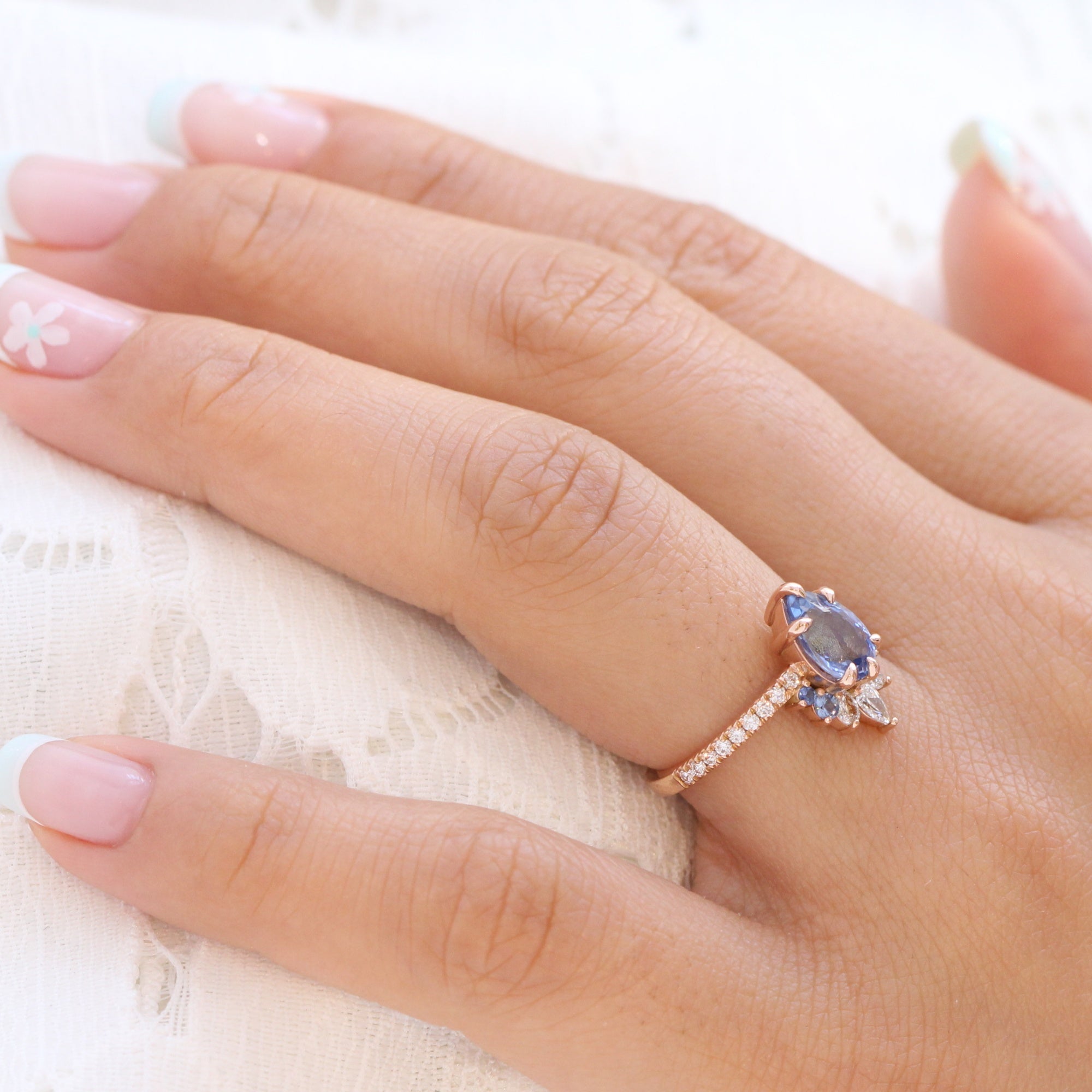 Pear Aqua Blue Sapphire Diamond Ring Rose Gold Cluster Peacock