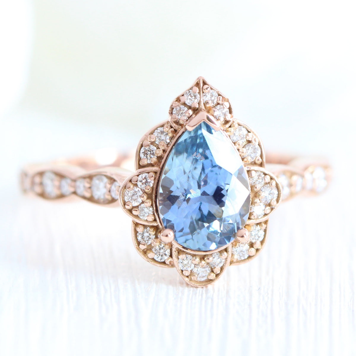 Pear aqua blue sapphire ring rose gold vintage halo diamond ring la more design jewelry