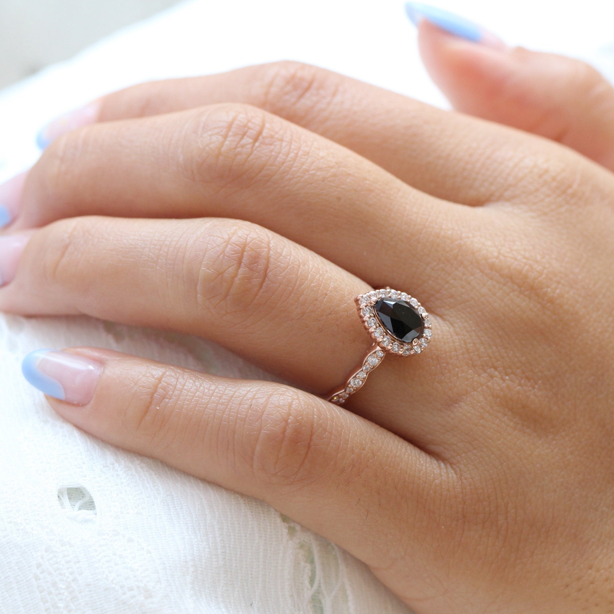 Natural Pear Black Diamond Engagement Ring