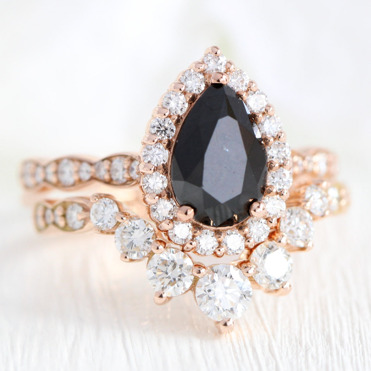 Pear black diamond engagement ring rose gold large diamond wedding band bridal ring set la more design jewelry