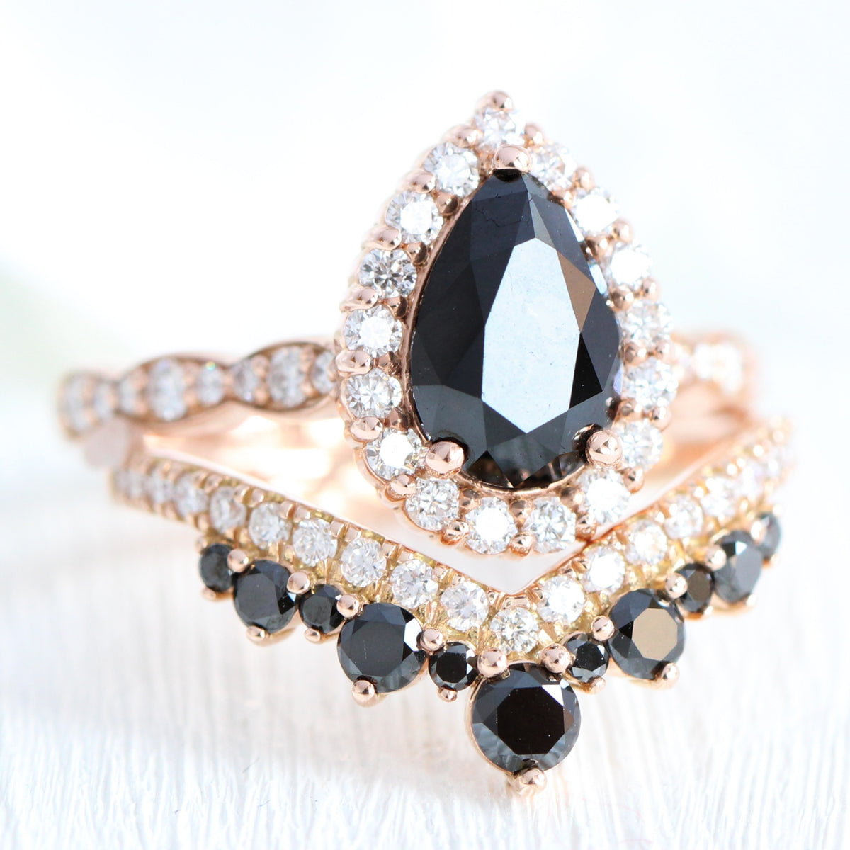 Pear black diamond engagement ring rose gold large tiara diamond wedding band bridal ring set la more design jewelry
