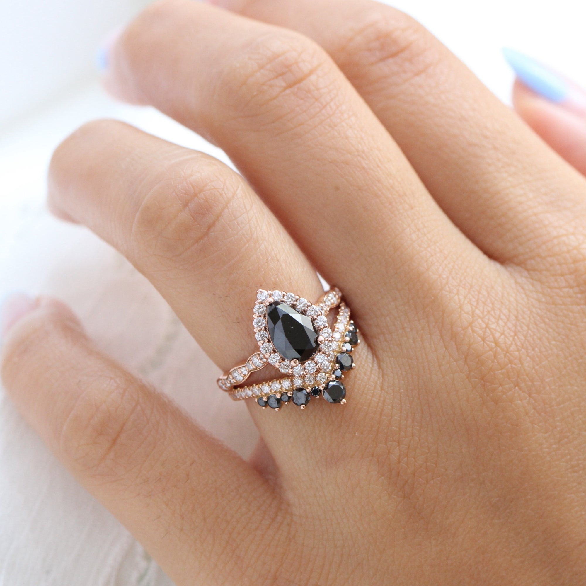 Pear black diamond engagement ring rose gold large tiara diamond wedding band bridal ring set la more design jewelry
