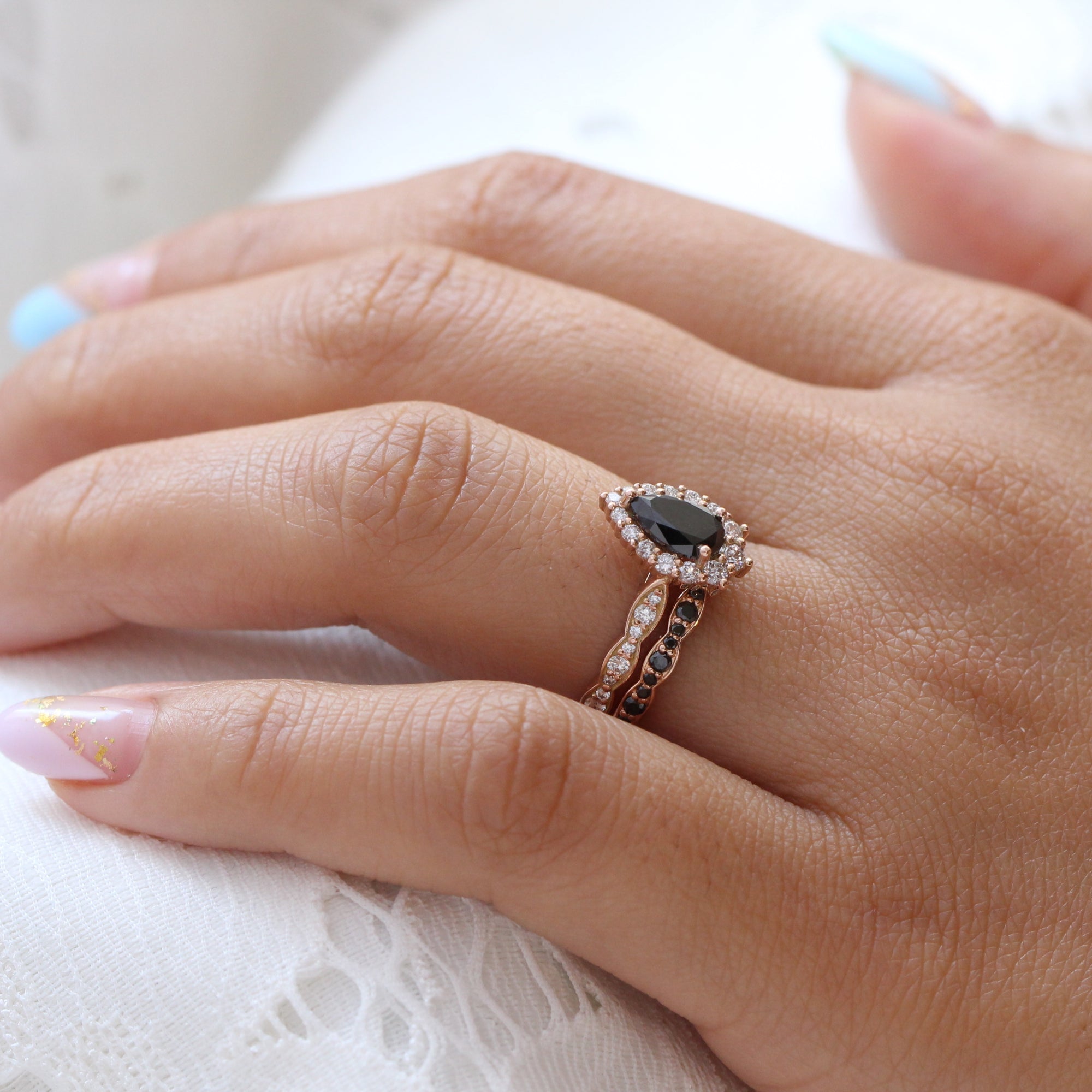Pear Black Diamond Ring Halo Gold Ring Half Diamond Wedding Band