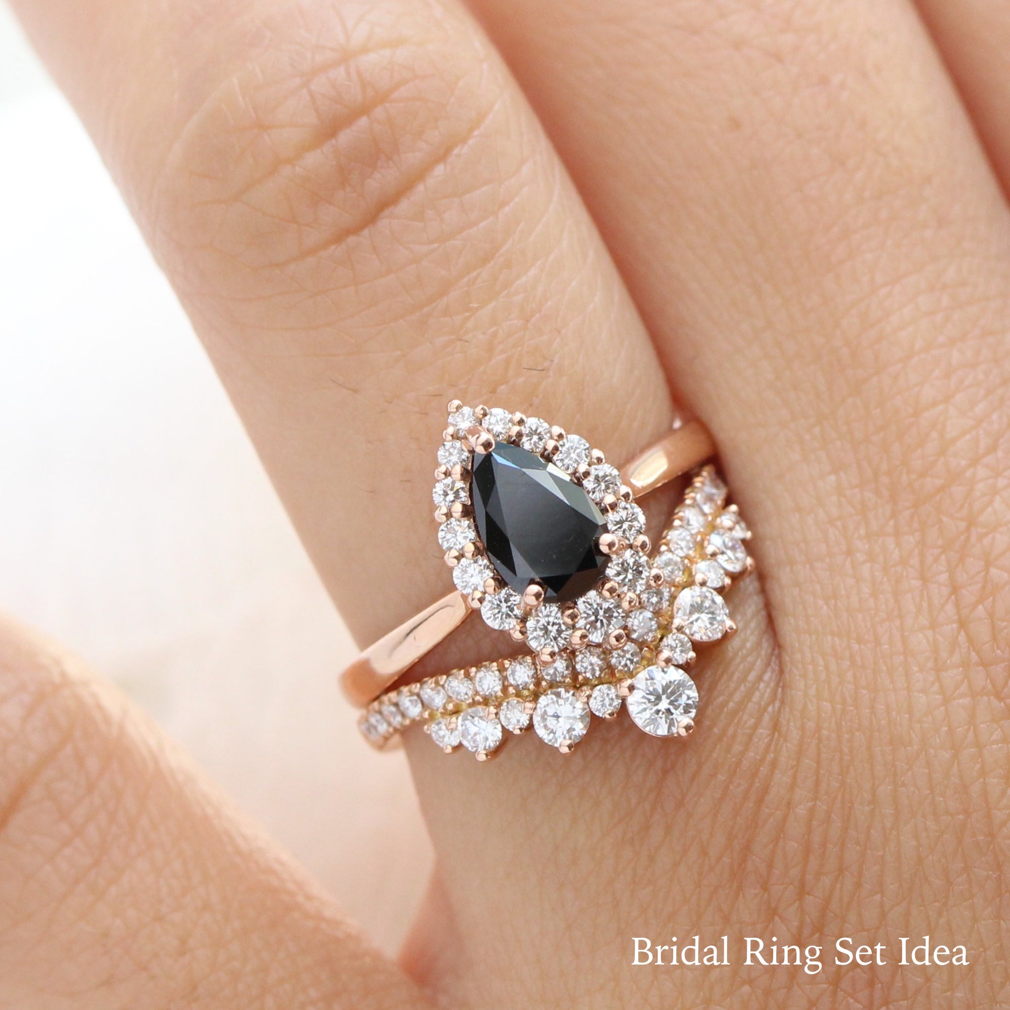 Pear black diamond engagement ring rose gold v shaped diamond wedding band bridal ring set la more design jewelry