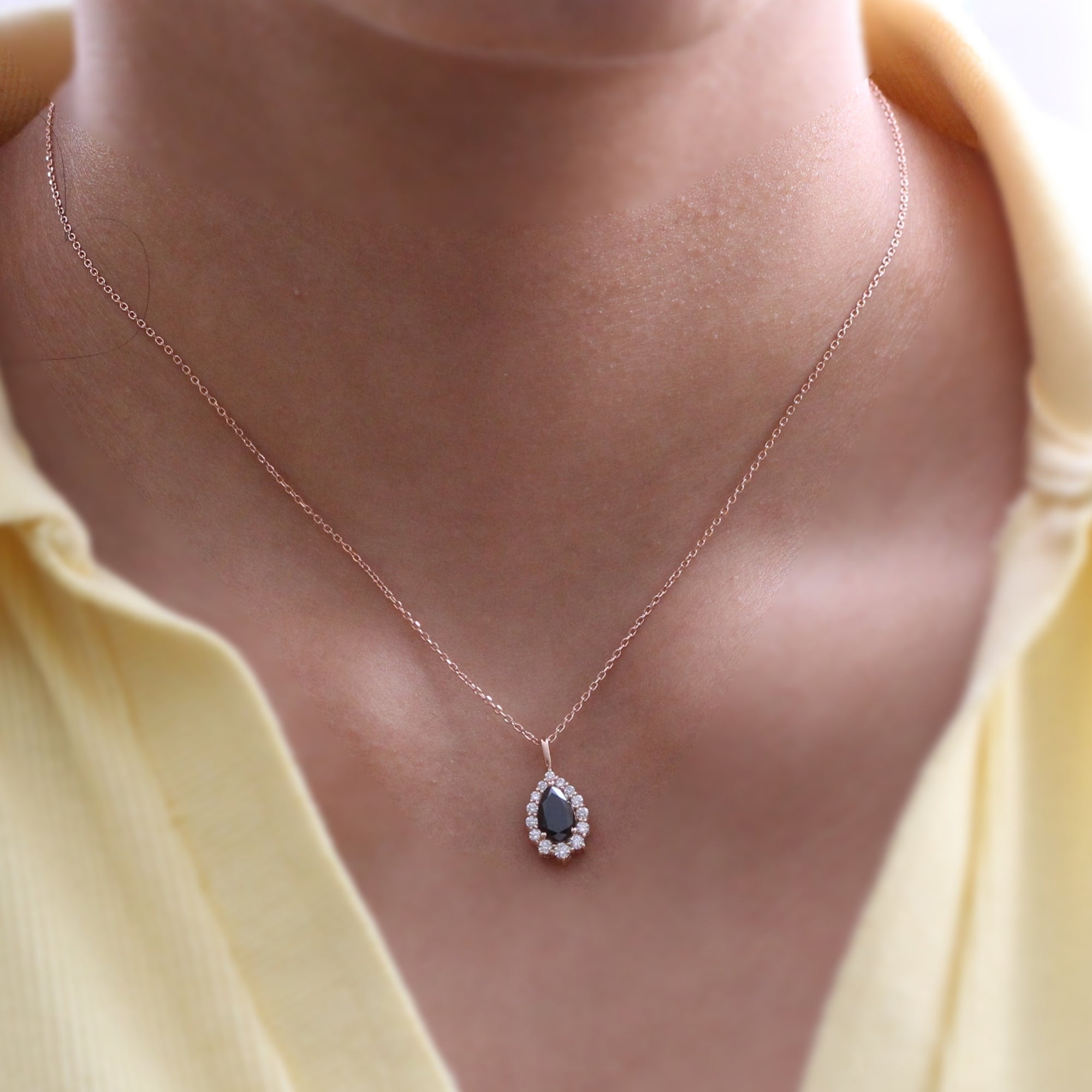Pear Cut Black Diamond Pendant Rose Gold Halo Diamond Drop