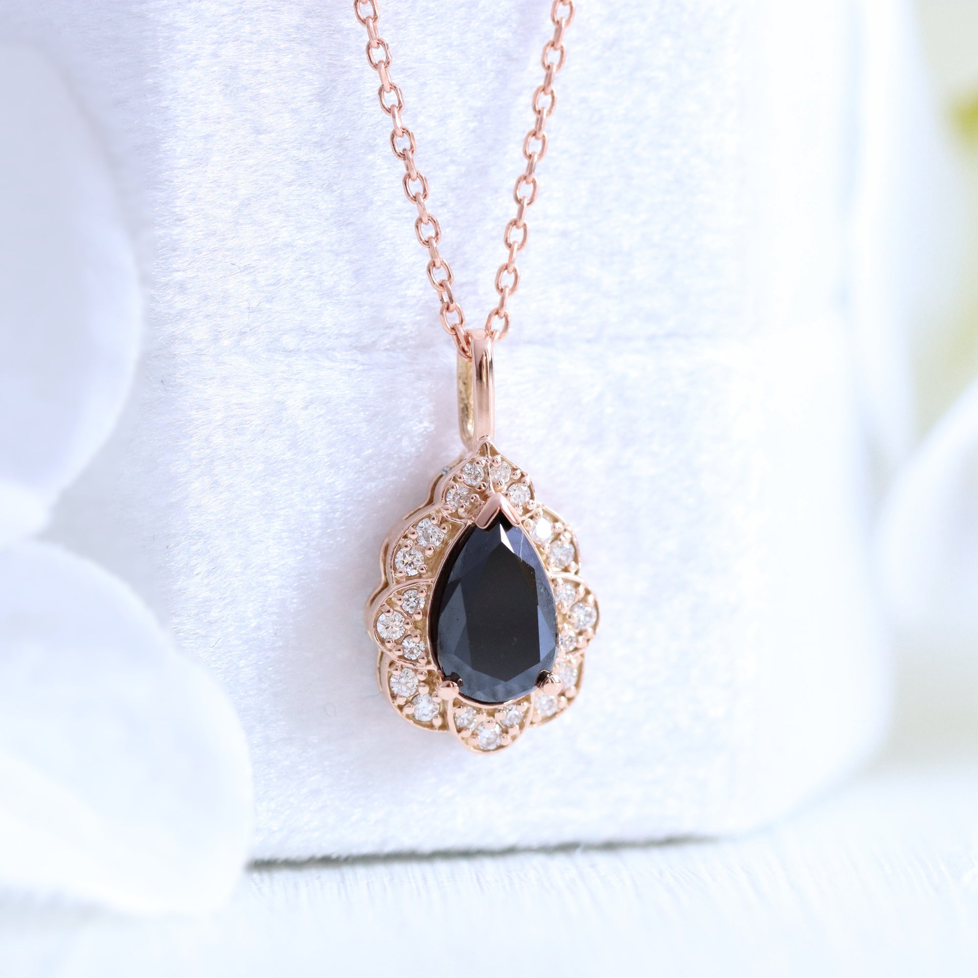 Vintage Halo Pear Black Diamond Pendant Rose Gold Drop Necklace