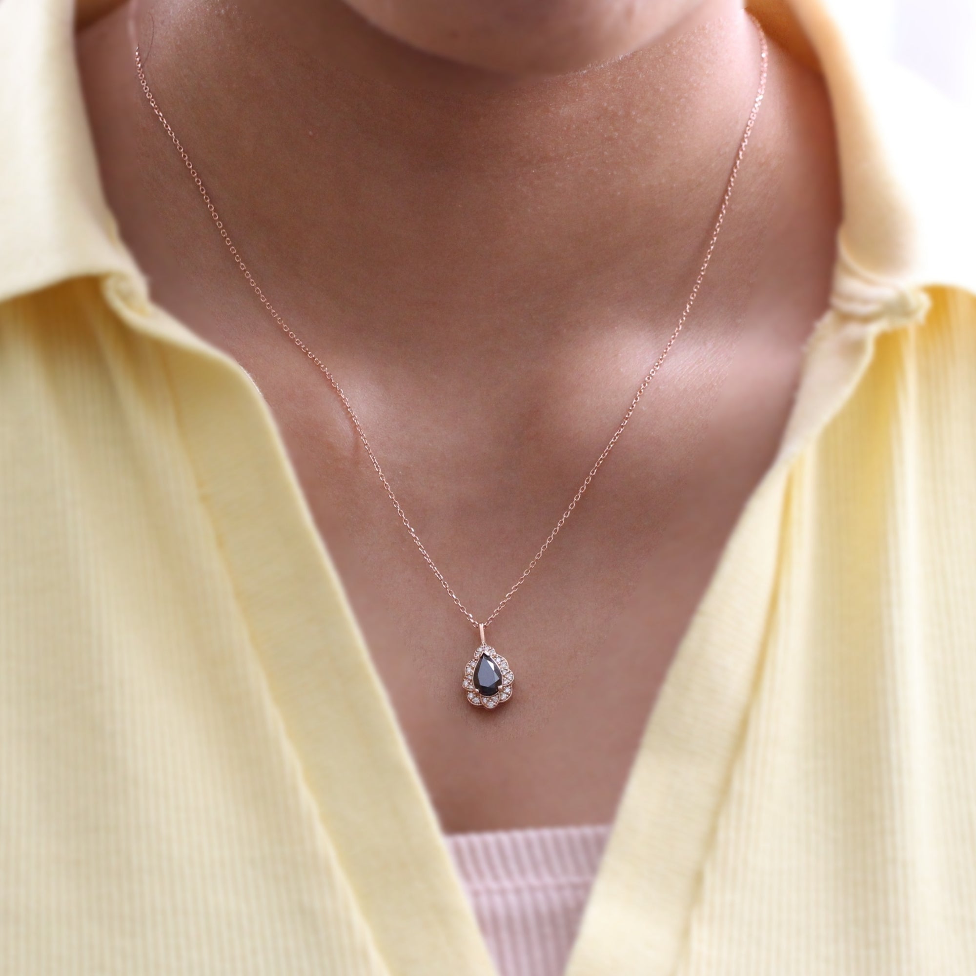 Vintage Halo Pear Black Diamond Pendant Rose Gold Drop Necklace