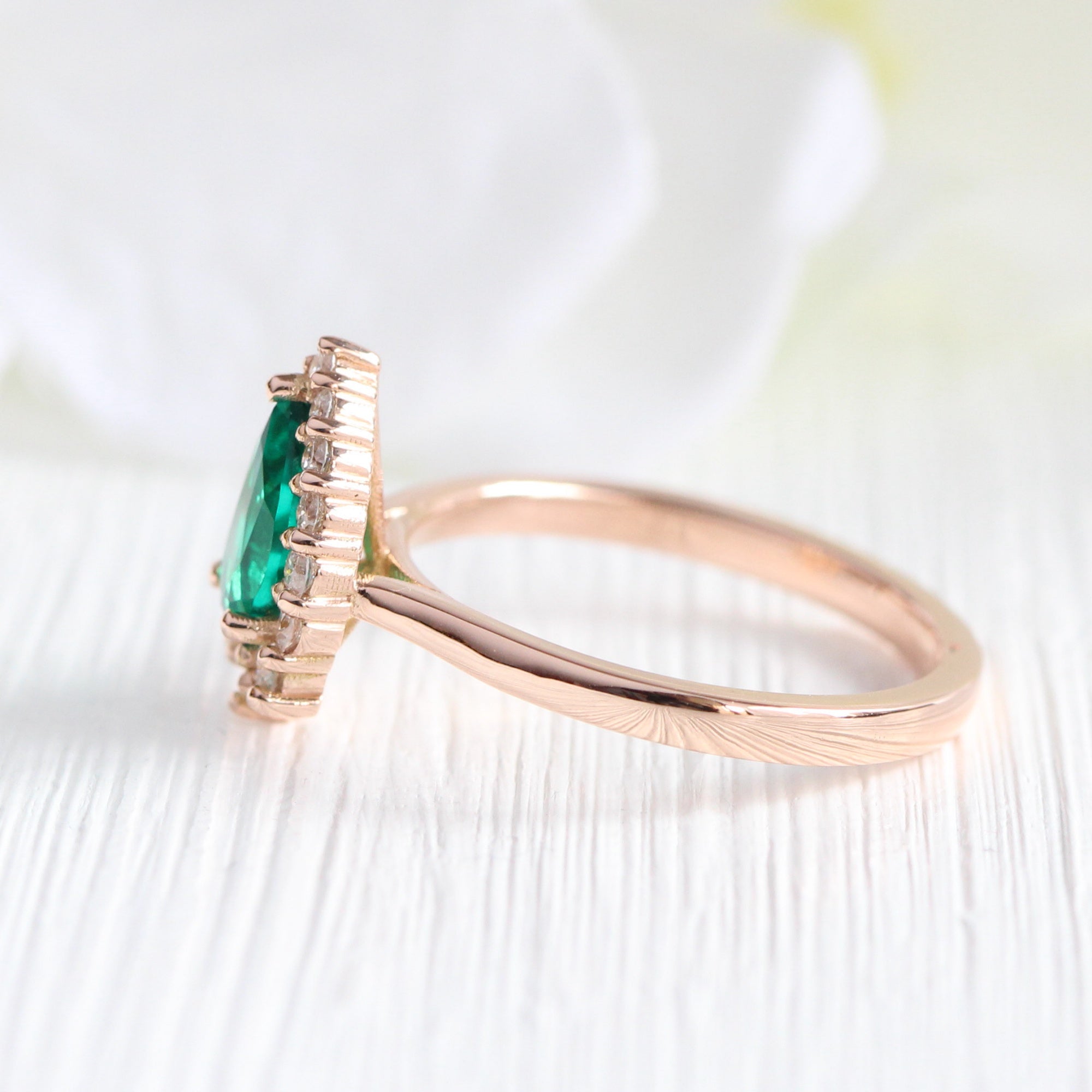 Pear emerald ring rose gold halo diamond ring la more design jewelry
