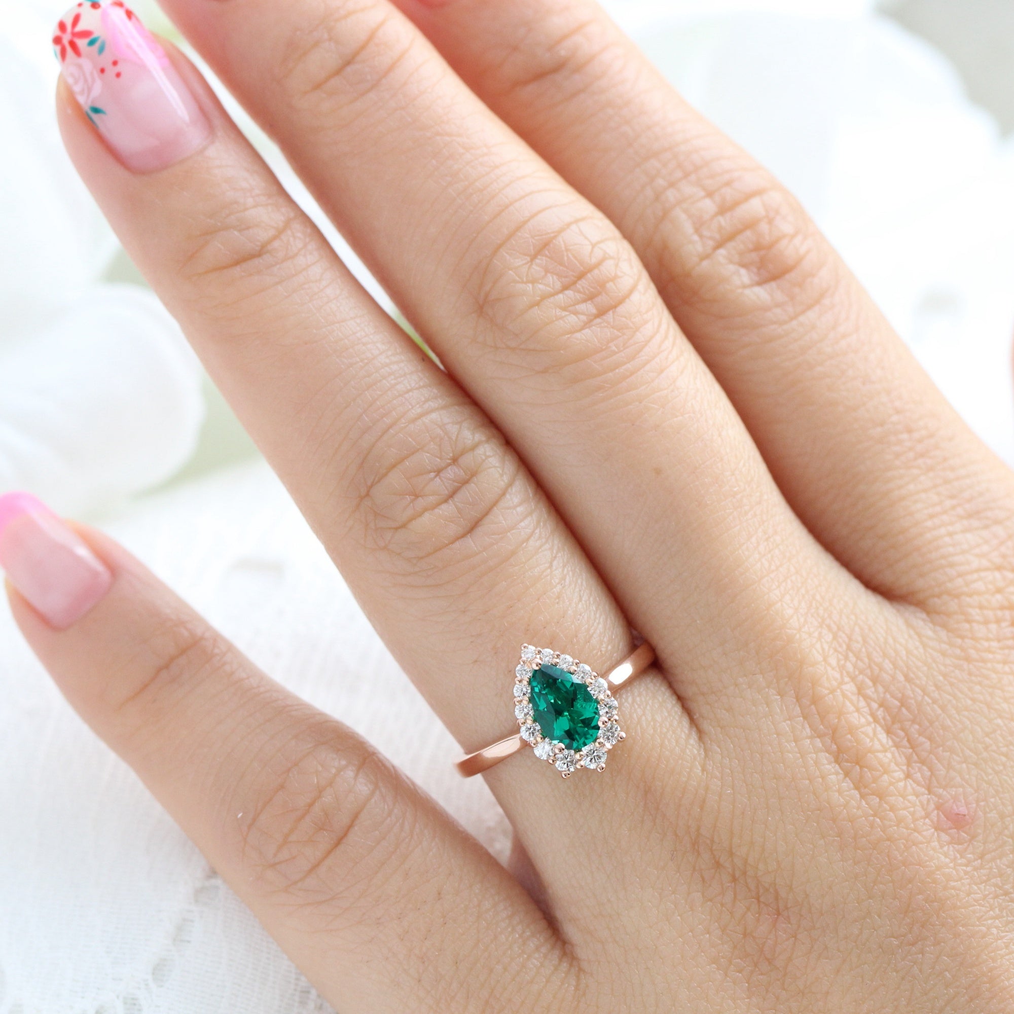 Pear emerald ring rose gold halo diamond ring la more design jewelry