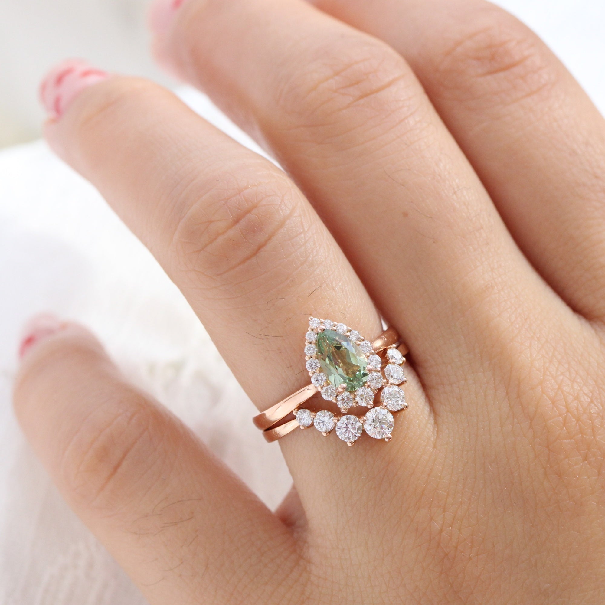 Pear Green Sapphire Ring Stack Rose Gold U Shaped Diamond Wedding