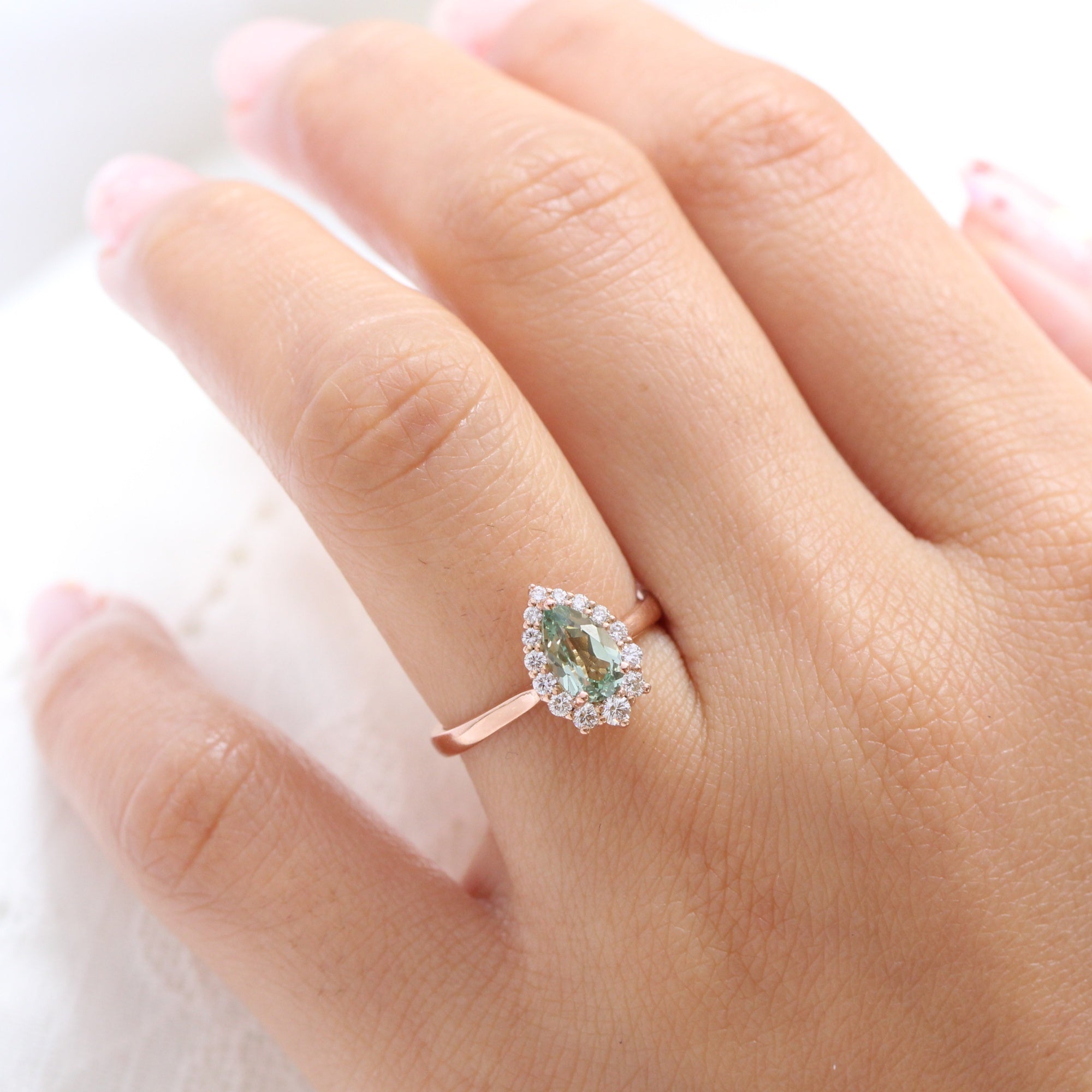 Pear green sapphire ring rose gold halo diamond ring la more design jewelry