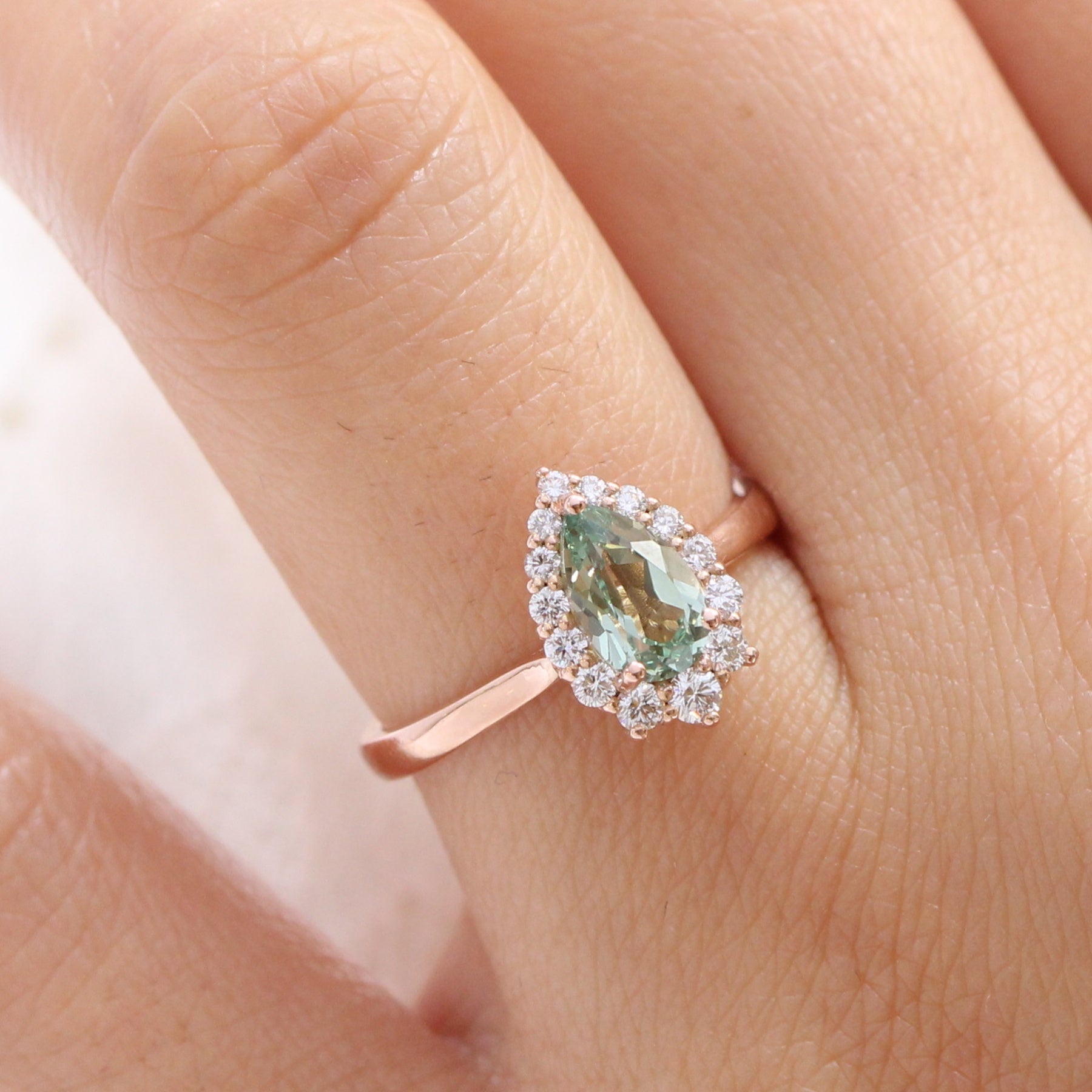 Pear Green Sapphire Engagement Ring Rose Gold Halo Diamond Ring
