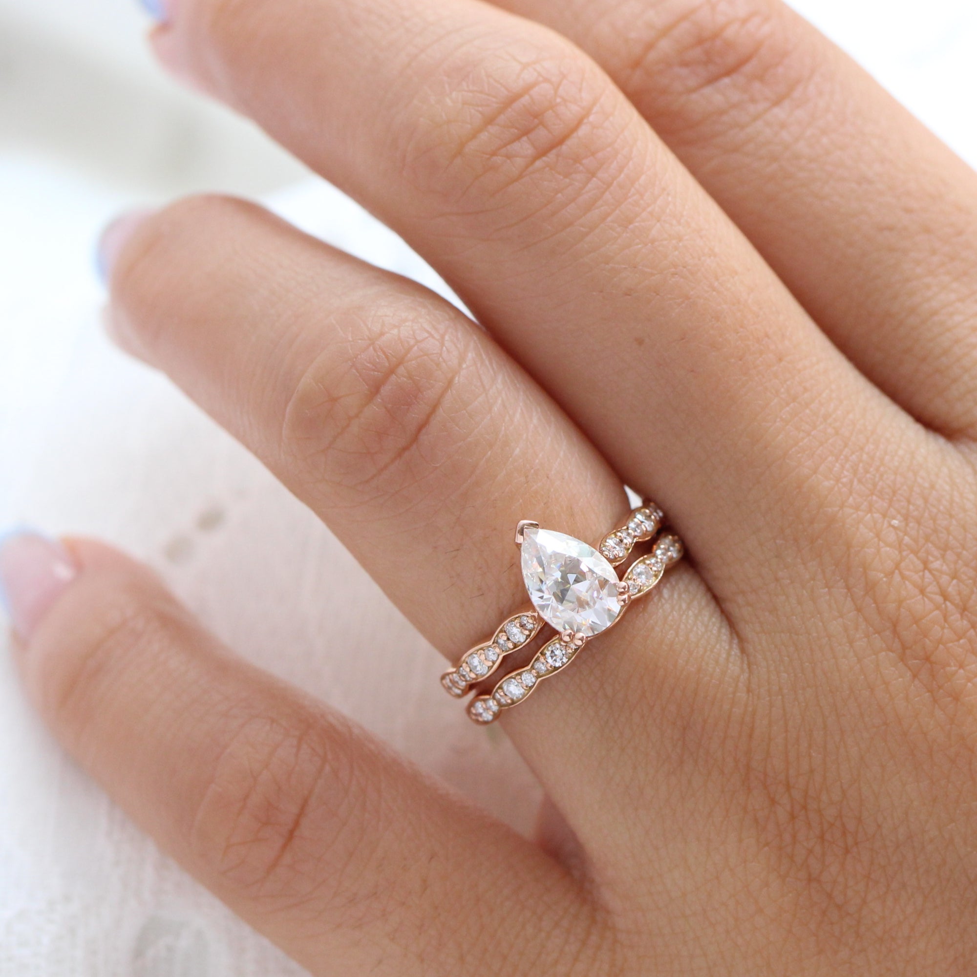 Solitaire Moissanite Diamond Ring Rose Gold Pear Engagement Ring