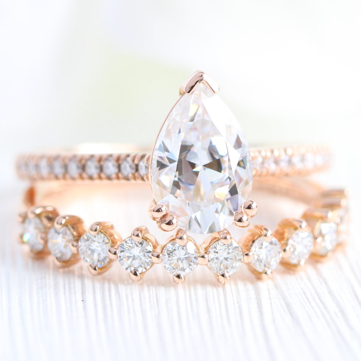 Pear moissanite solitaire ring rose gold matching diamond wedding ring set la more design jewelry