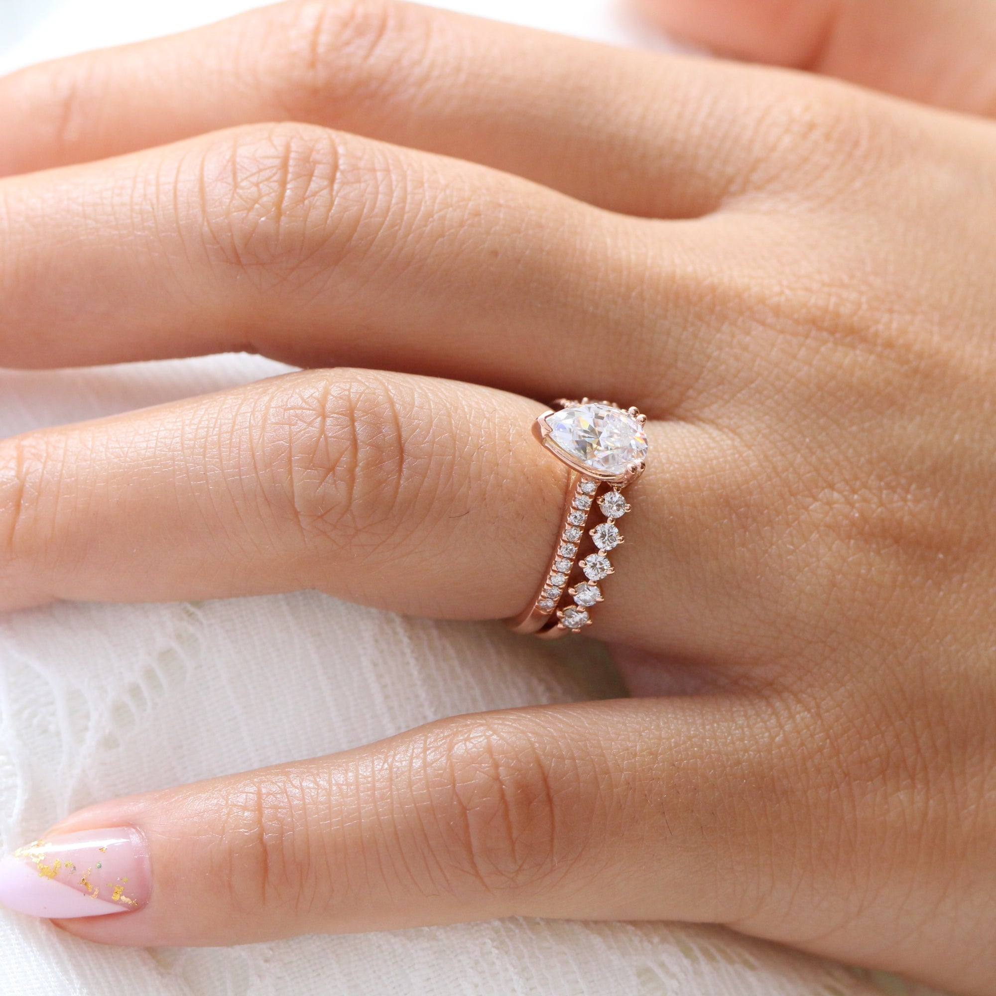 Solitaire Pear Moissanite Ring Rose Gold Half Diamond Wedding Ring