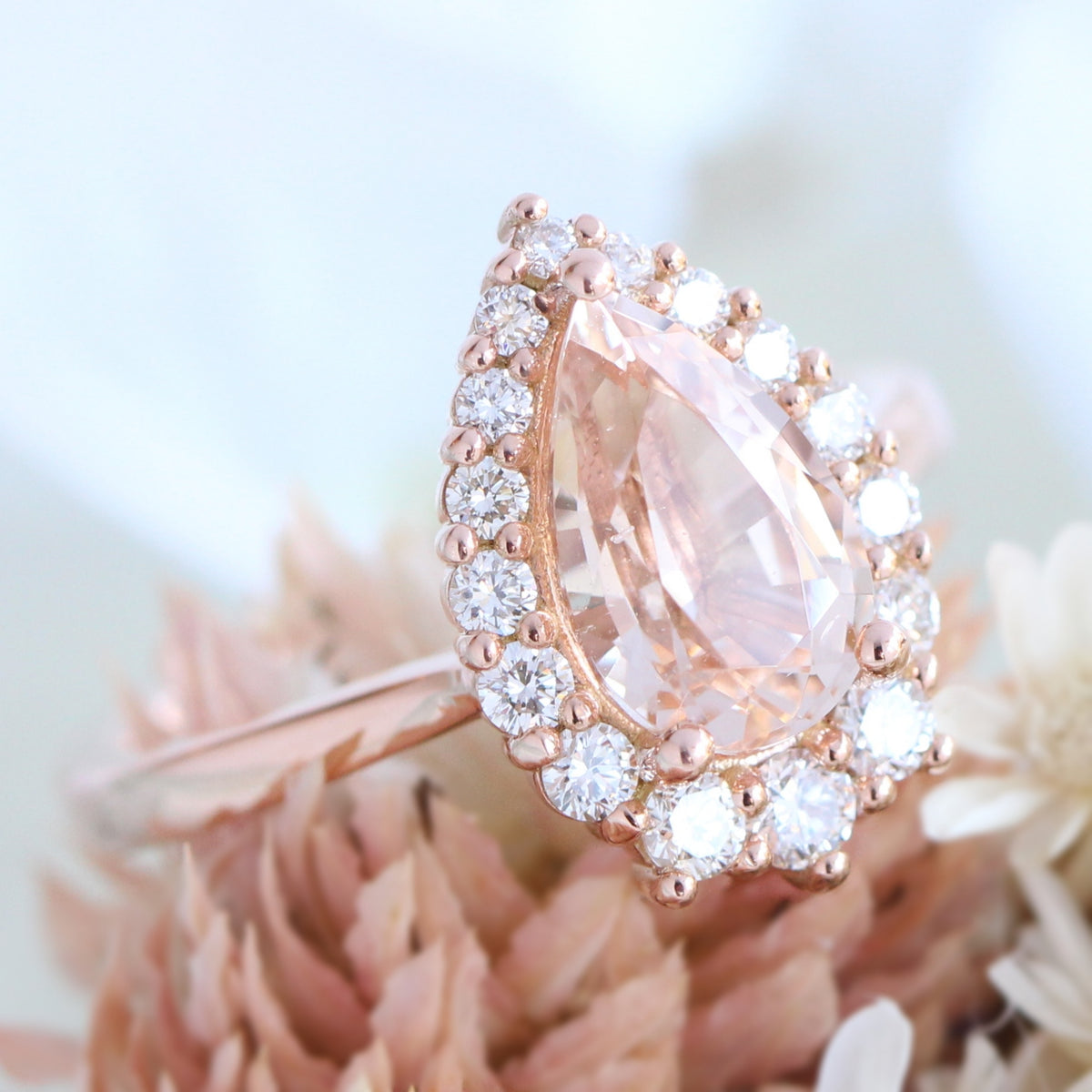 Pear morganite ring rose gold halo diamond engagement ring la more design jewelry