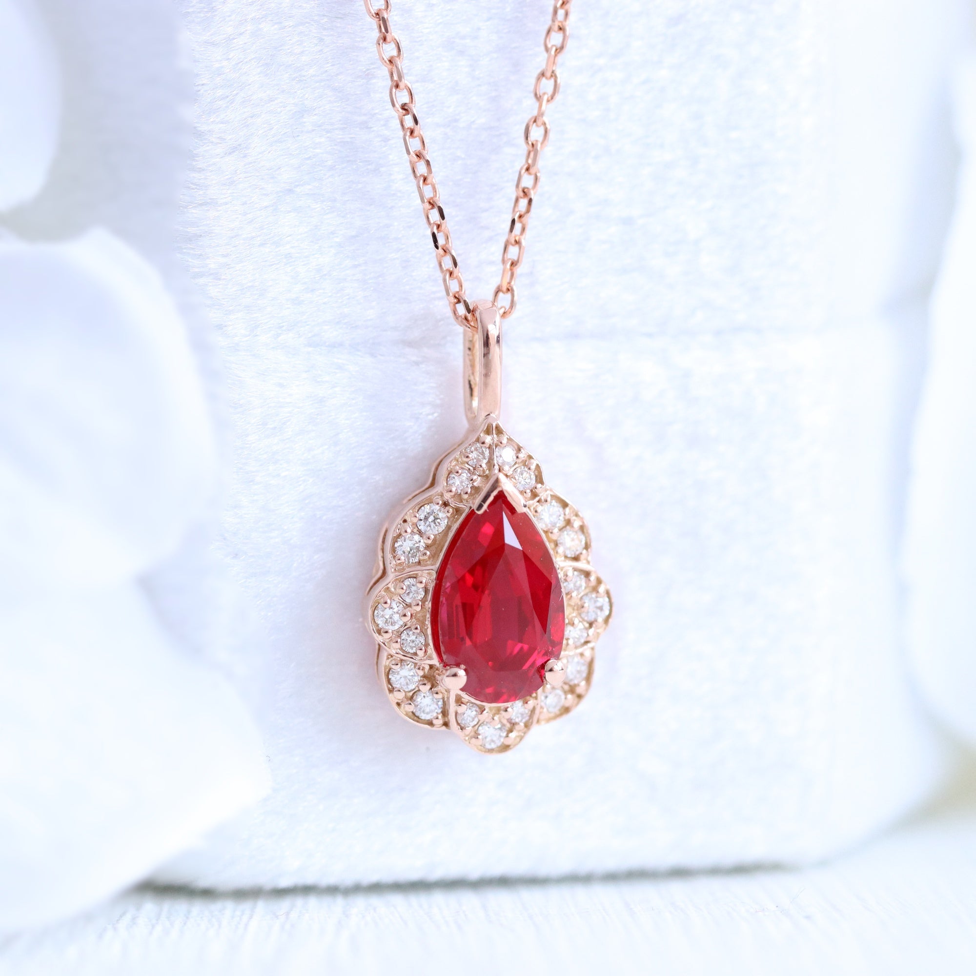 Vintage Halo Diamond Pear Ruby Necklace Rose Gold Drop Pendant