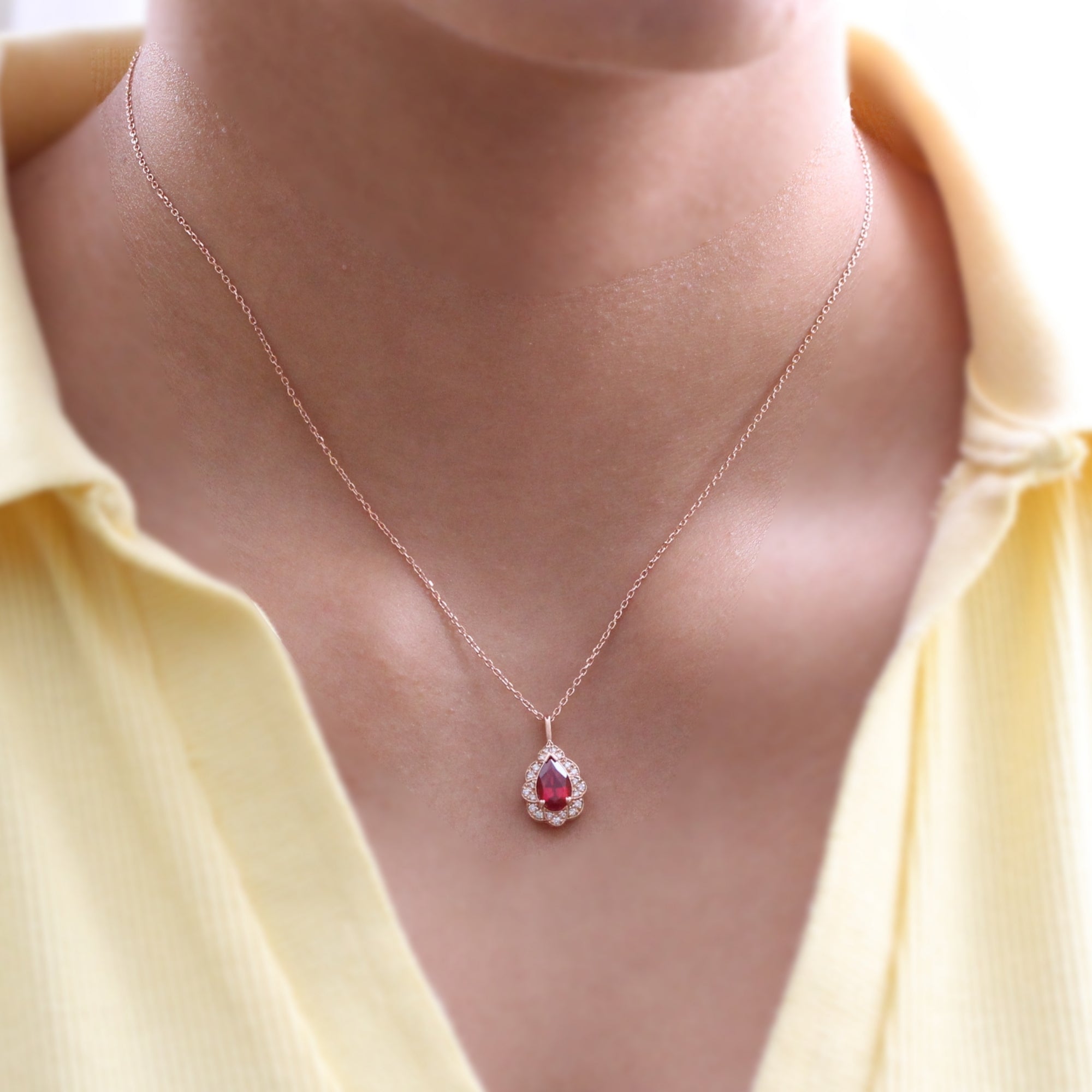 Vintage Halo Diamond Pear Ruby Necklace Rose Gold Drop Pendant