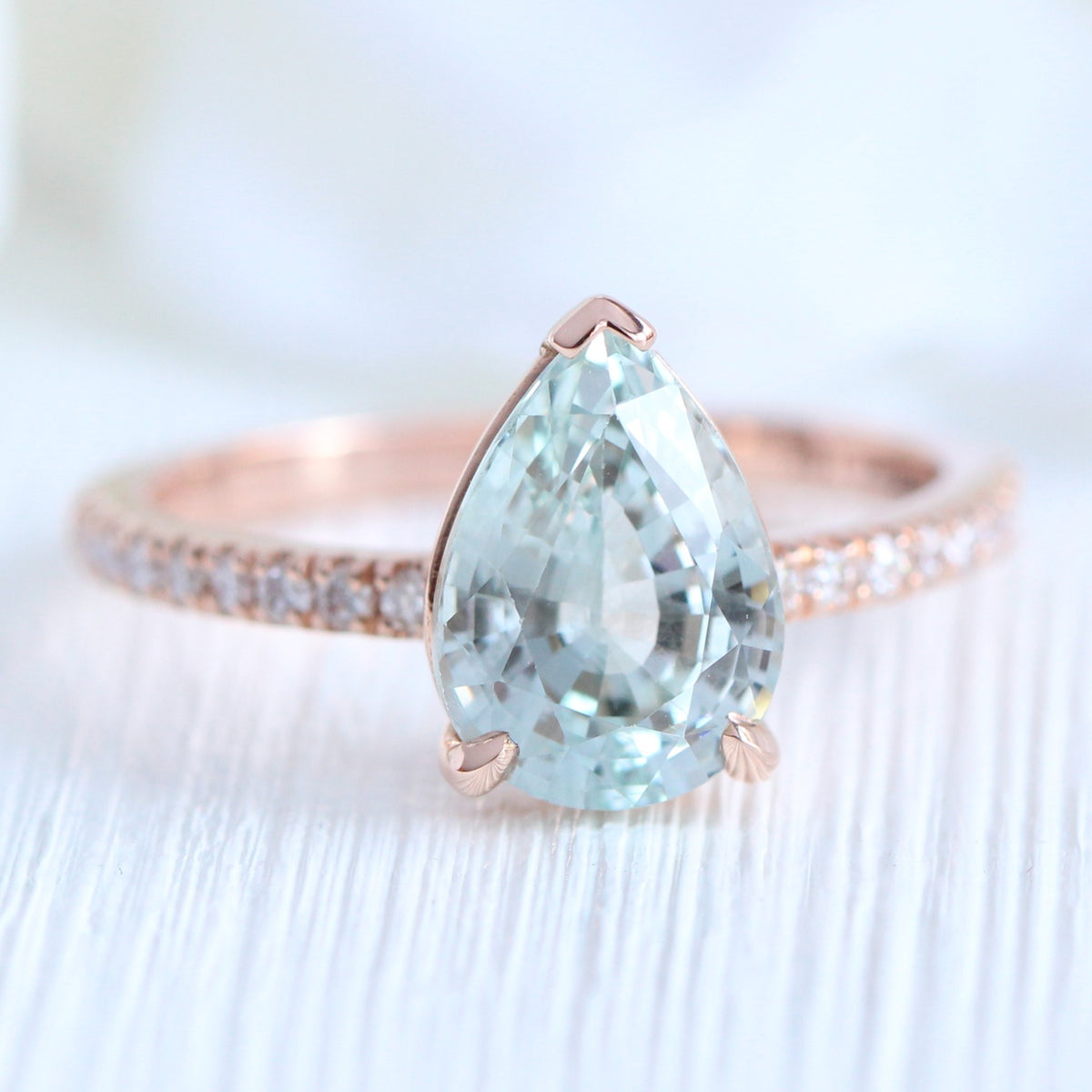 Pear seafoam green sapphire ring rose gold pave diamond band low set engagement ring la more design jewelry