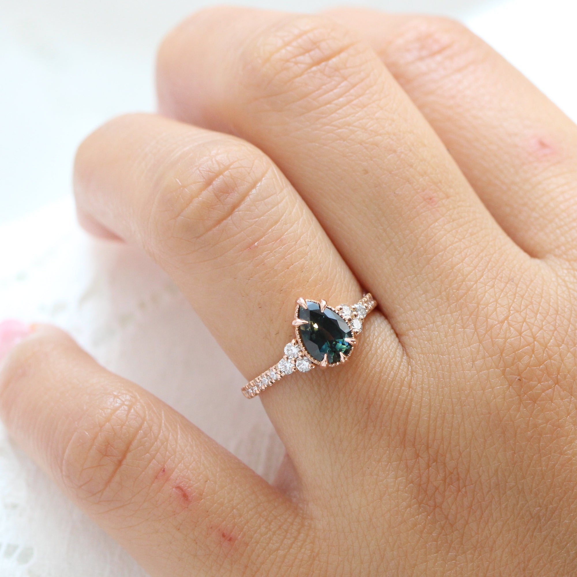 Teal Green Sapphire Diamond Engagement Ring Gold 3 Stone Pear Ring