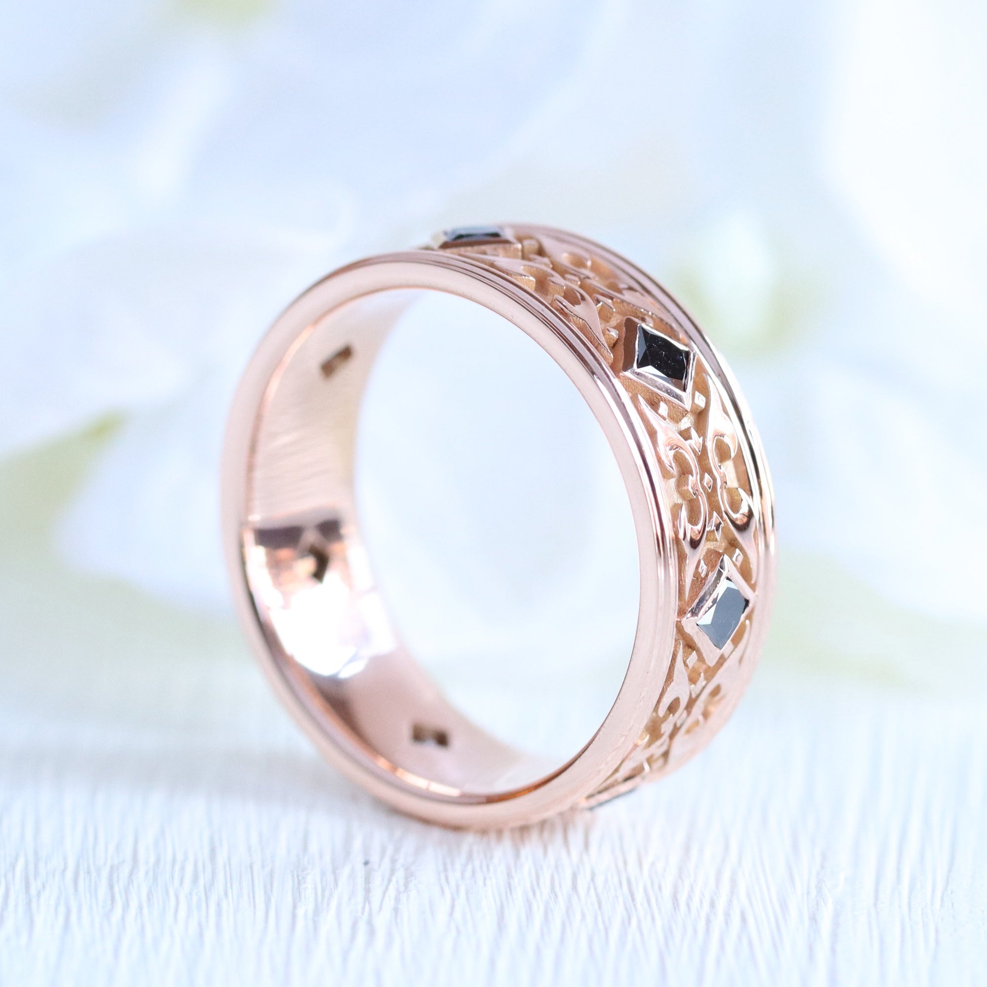 Princess cut black diamond ring rose gold Celtic knot wedding band for him la more design jewelry