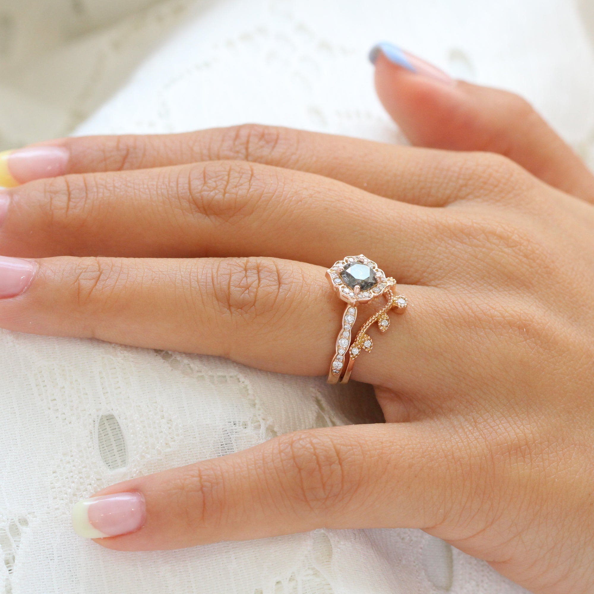 Curved leaf wedding band clearance