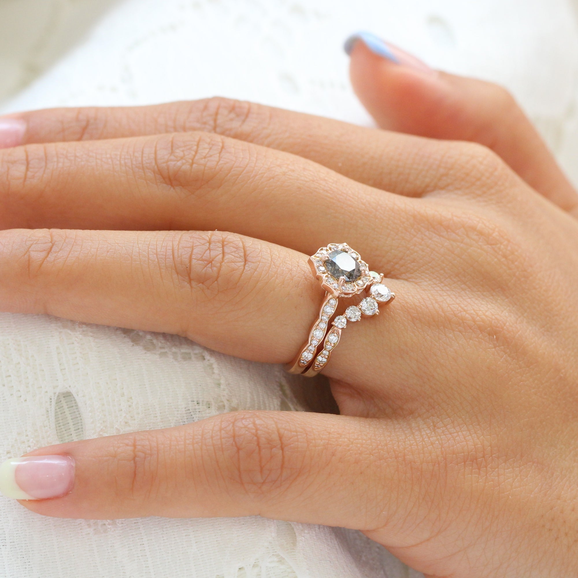 Salt and Pepper Diamond Ring Rose Gold Deep Curved Wedding Band