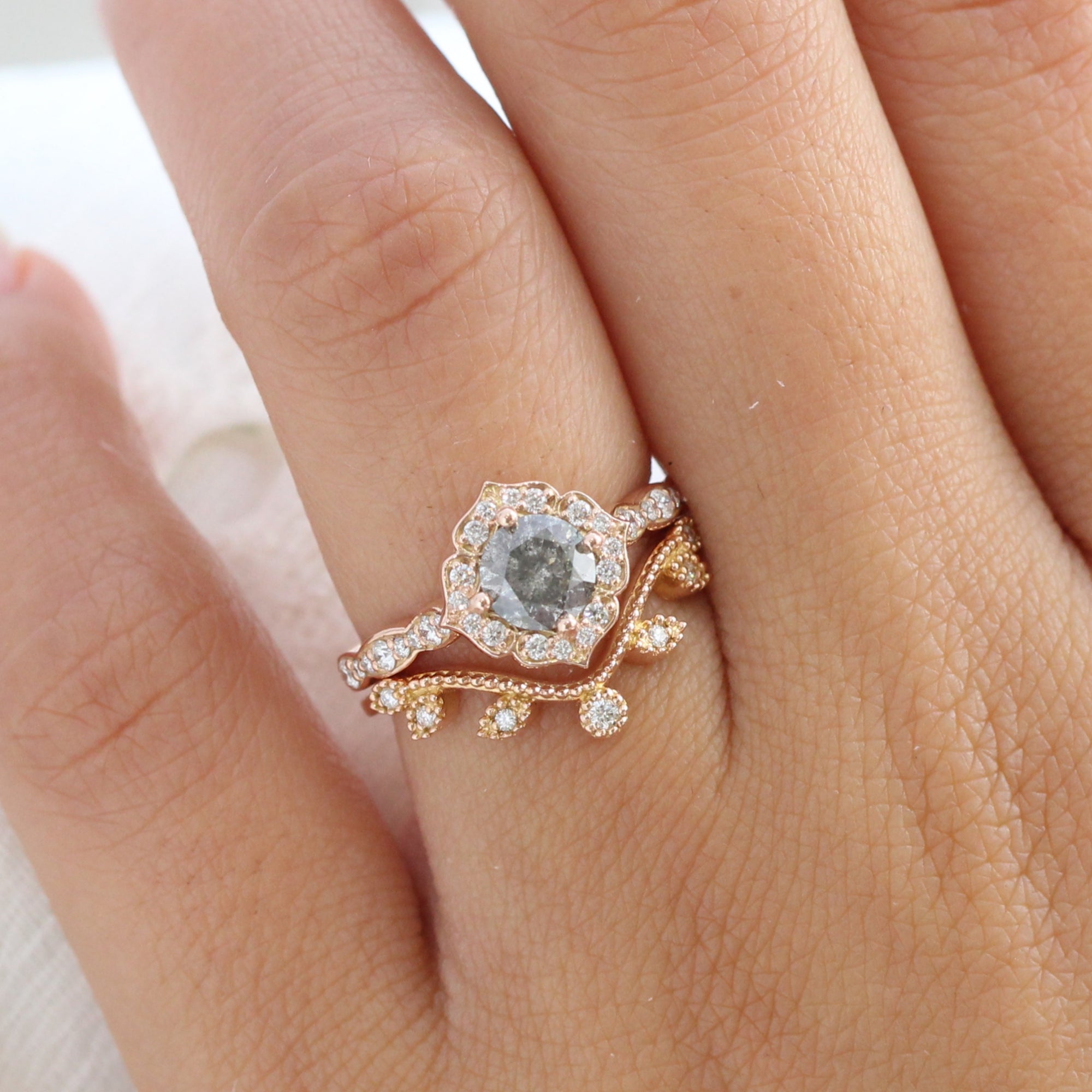 Salt and Pepper Grey Diamond Ring Rose Gold Curved Leaf Wedding Set