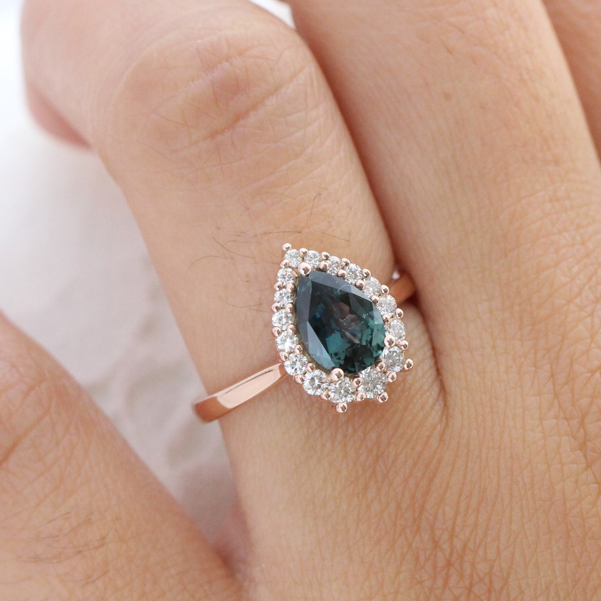 Teal Green Sapphire Engagement Ring Rose Gold Halo Diamond Pear