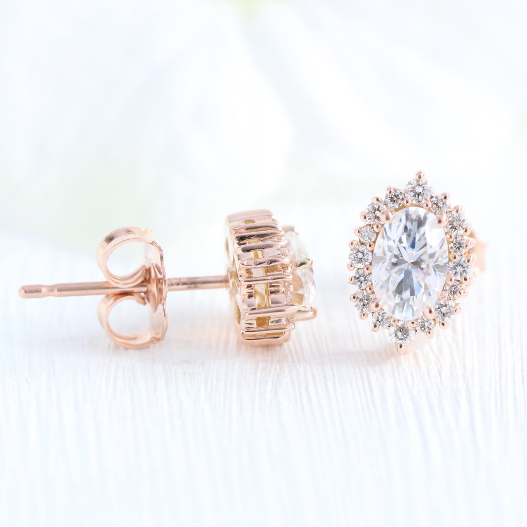 Tiara halo diamond oval moissanite earrings rose gold diamond studs la more design jewelry