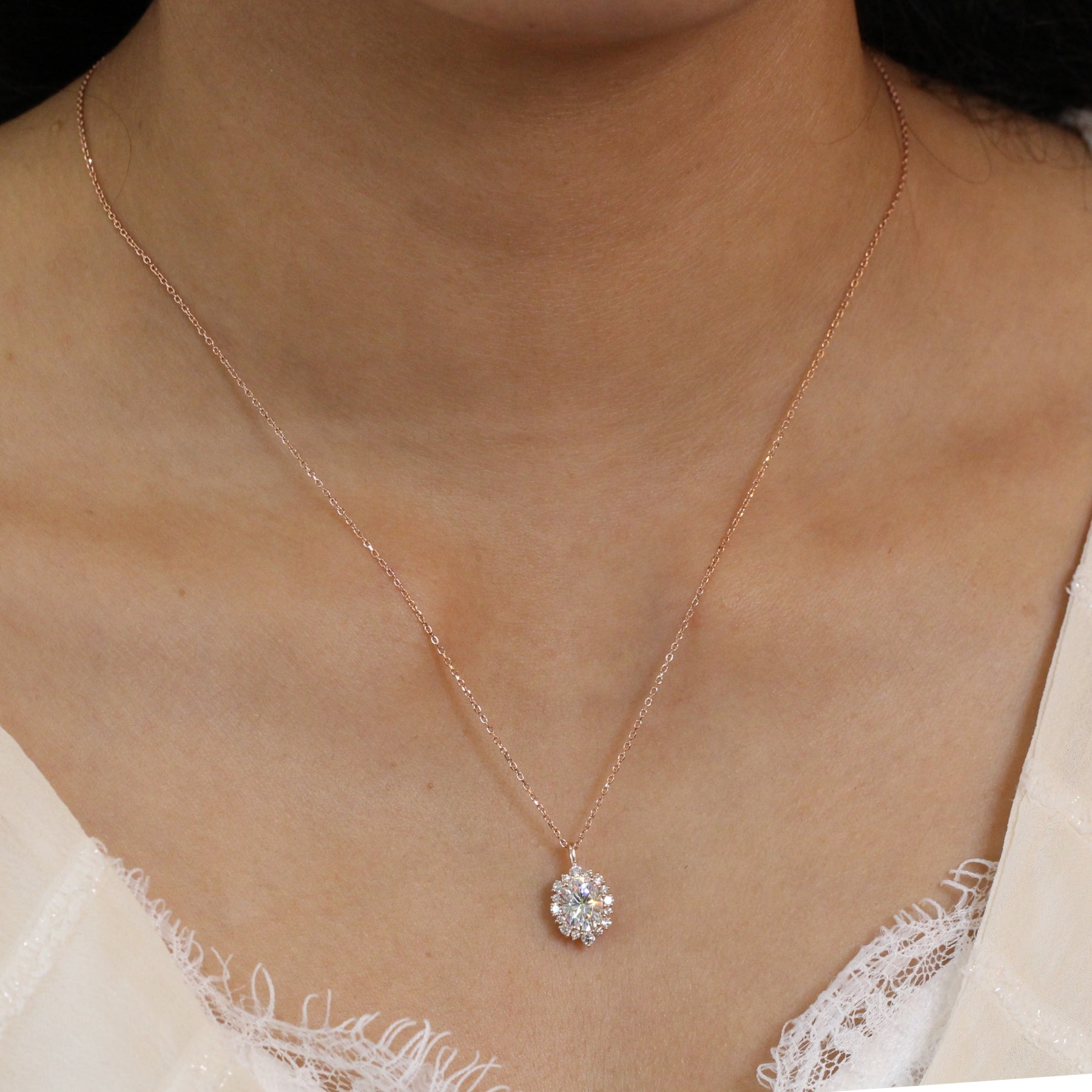 Oval Moissanite Diamond Necklace Rose Gold Drop Halo Pendant Chain