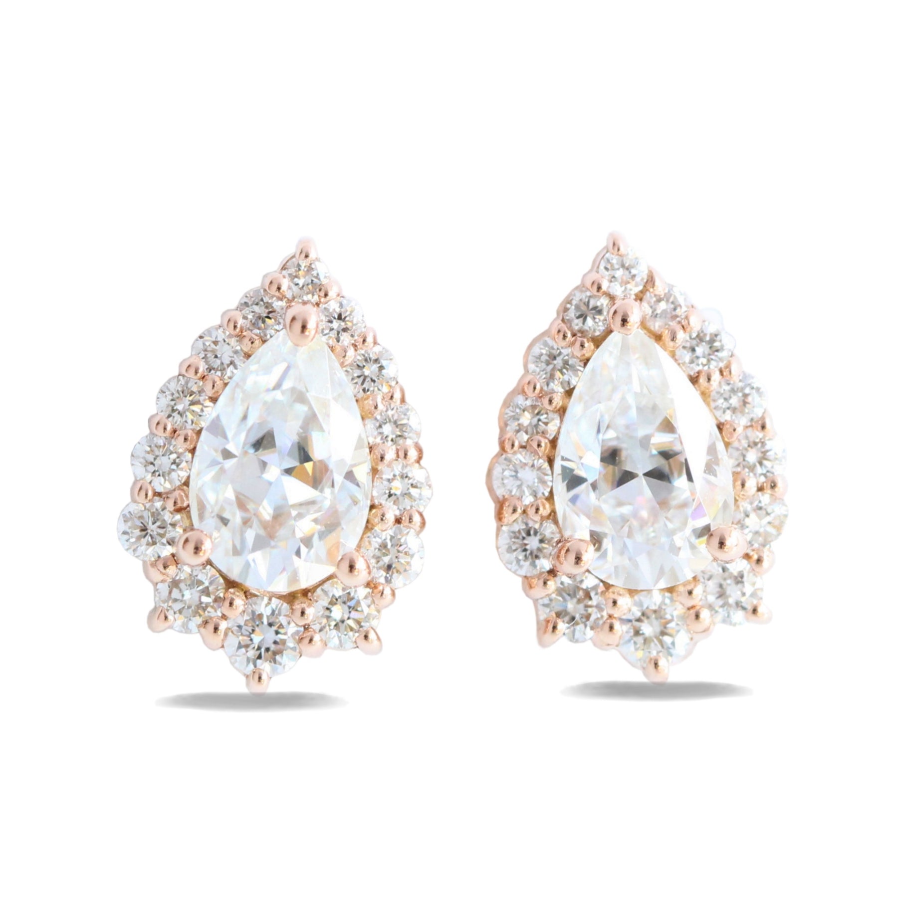 Tiara halo diamond pear moissanite earrings rose gold diamond studs la more design jewelry