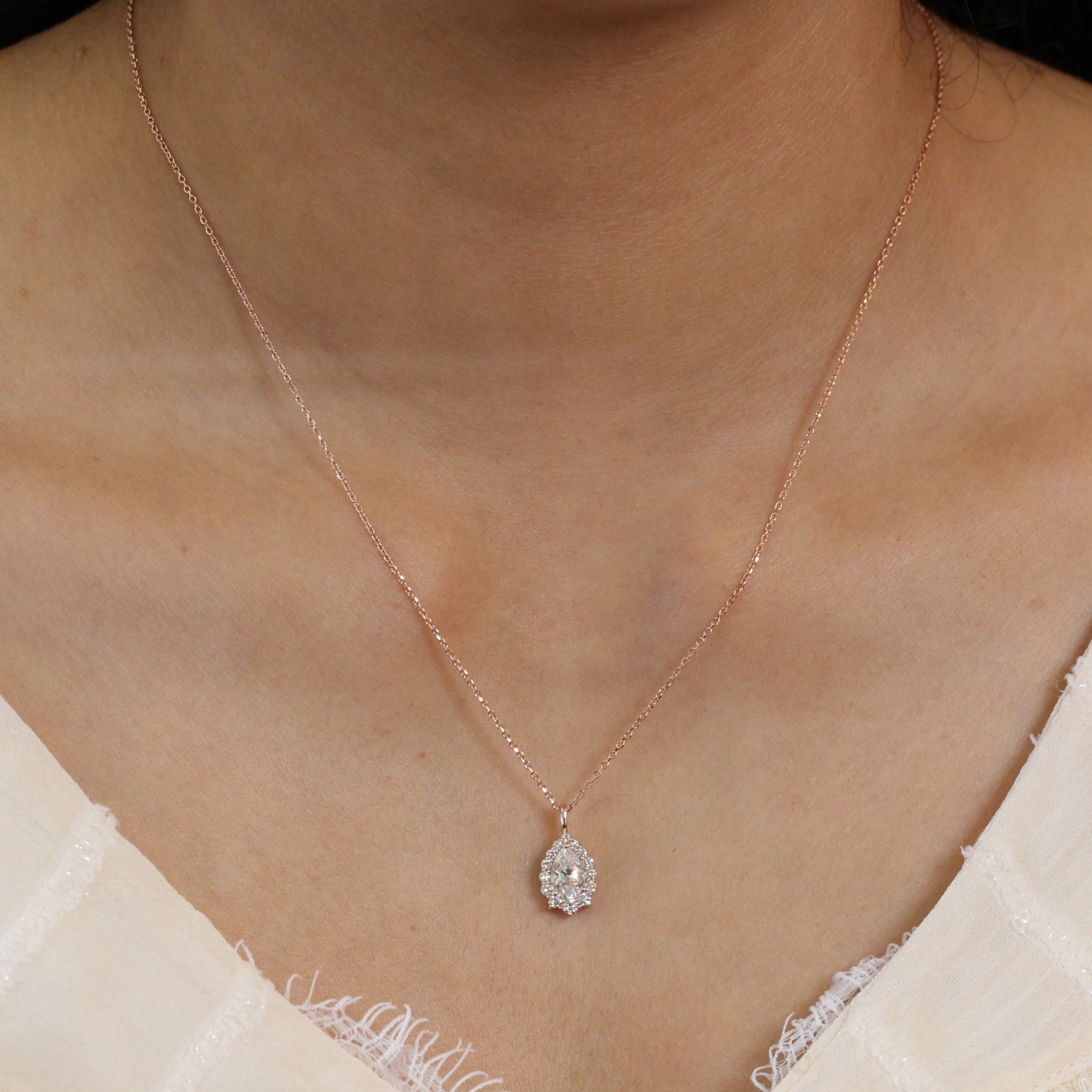 Tiara halo diamond pear moissanite pendant rose gold drop necklace la more design jewelry