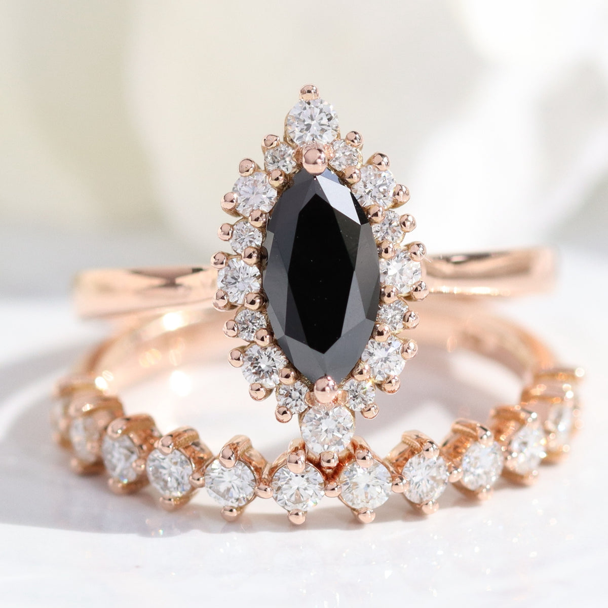 Unique marquise black diamond ring bridal set rose gold halo diamond engagement ring stack la more design jewelry