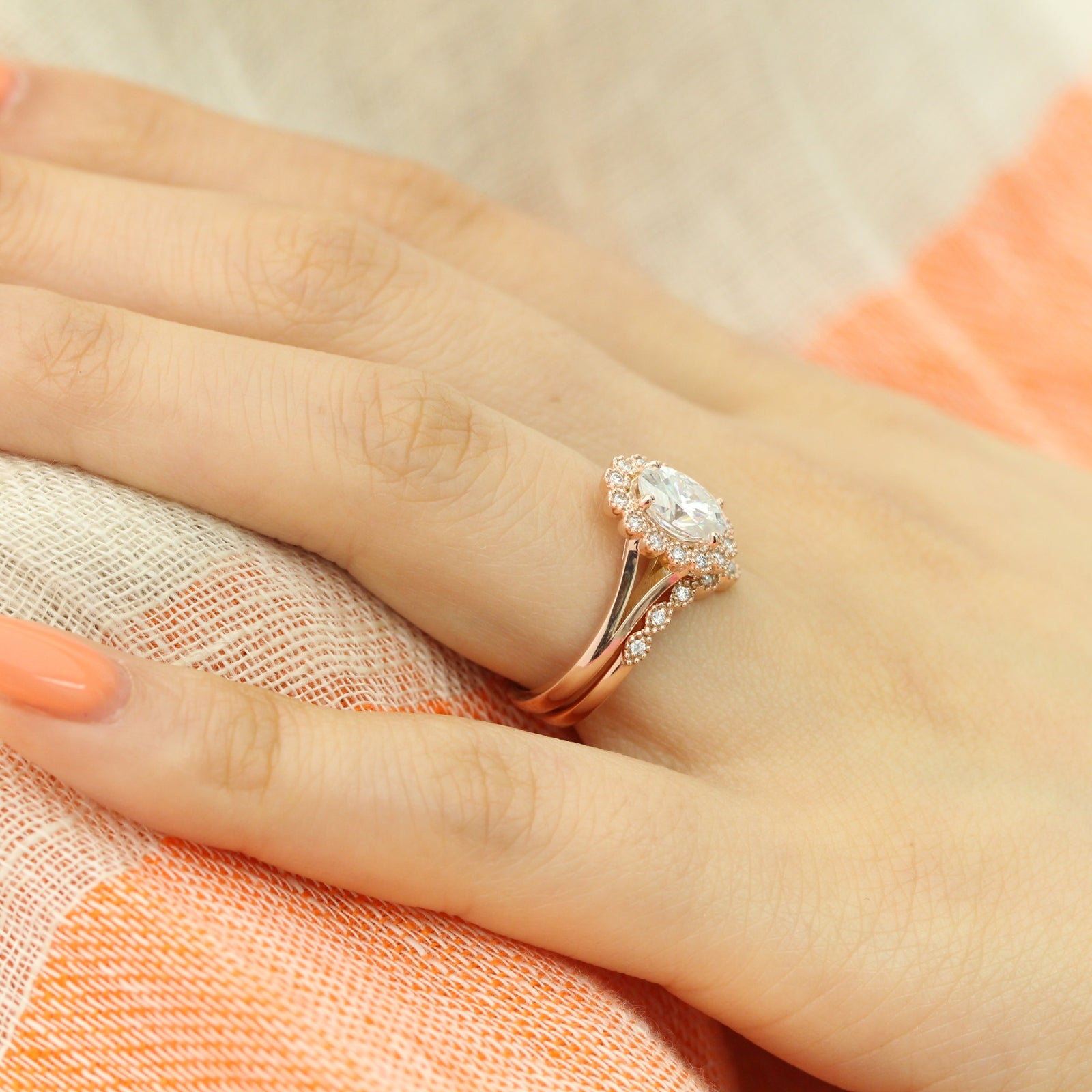 unique moissanite ring bridal set in rose gold vintage inspired diamond ring by la more design