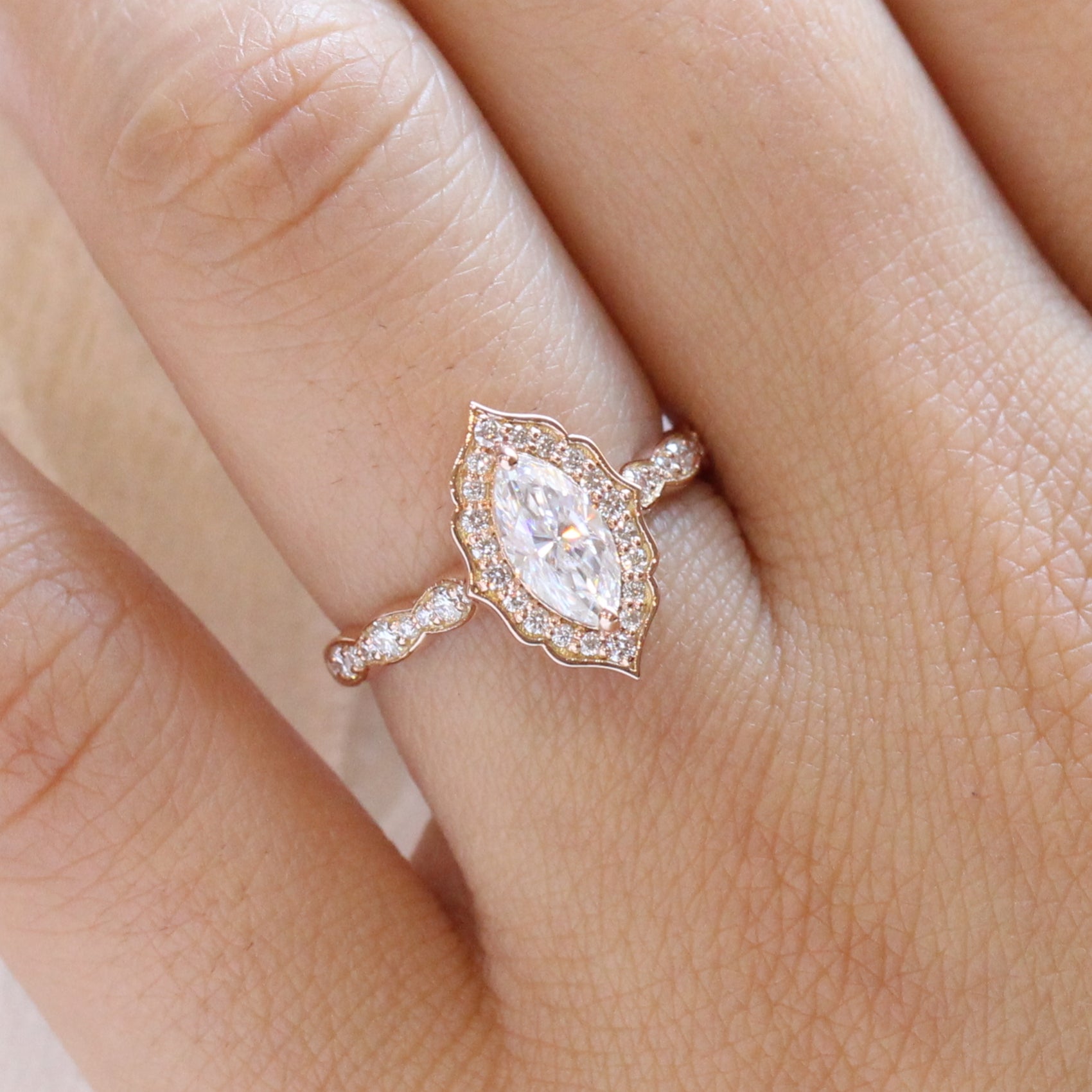Marquise Moissanite Engagement Ring Rose Gold Floral Diamond Band