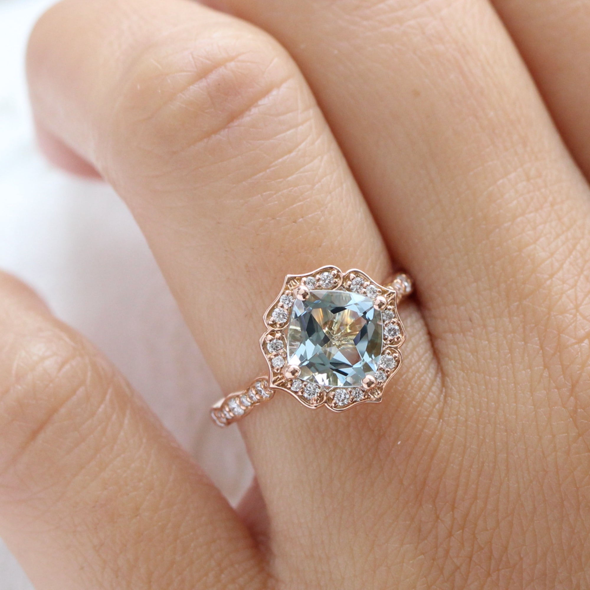 Vintage Floral Aquamarine Engagement Ring in Rose Gold Diamond Band